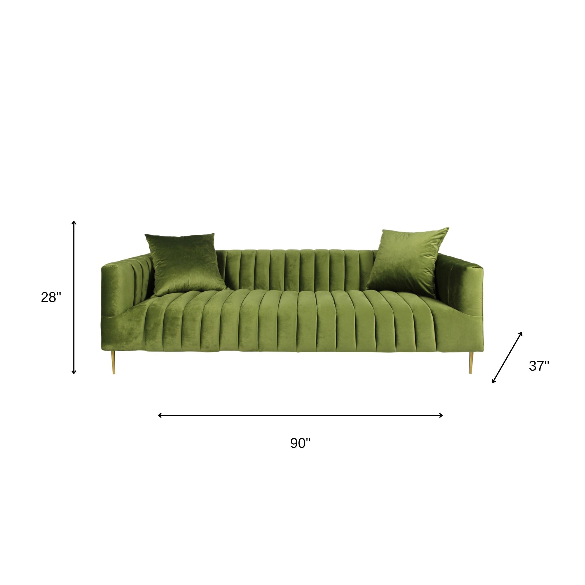 90" Olive Green Velvet Sofa And Toss Pillows With Gold Legs-7
