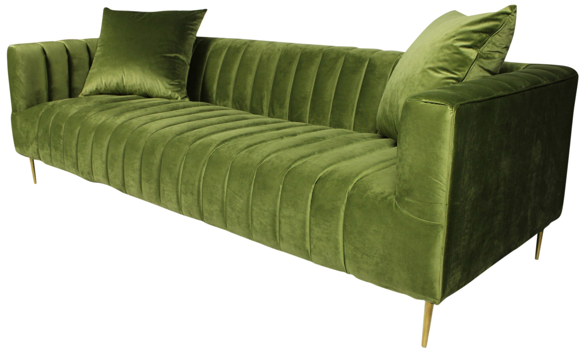 90" Olive Green Velvet Sofa And Toss Pillows With Gold Legs-3