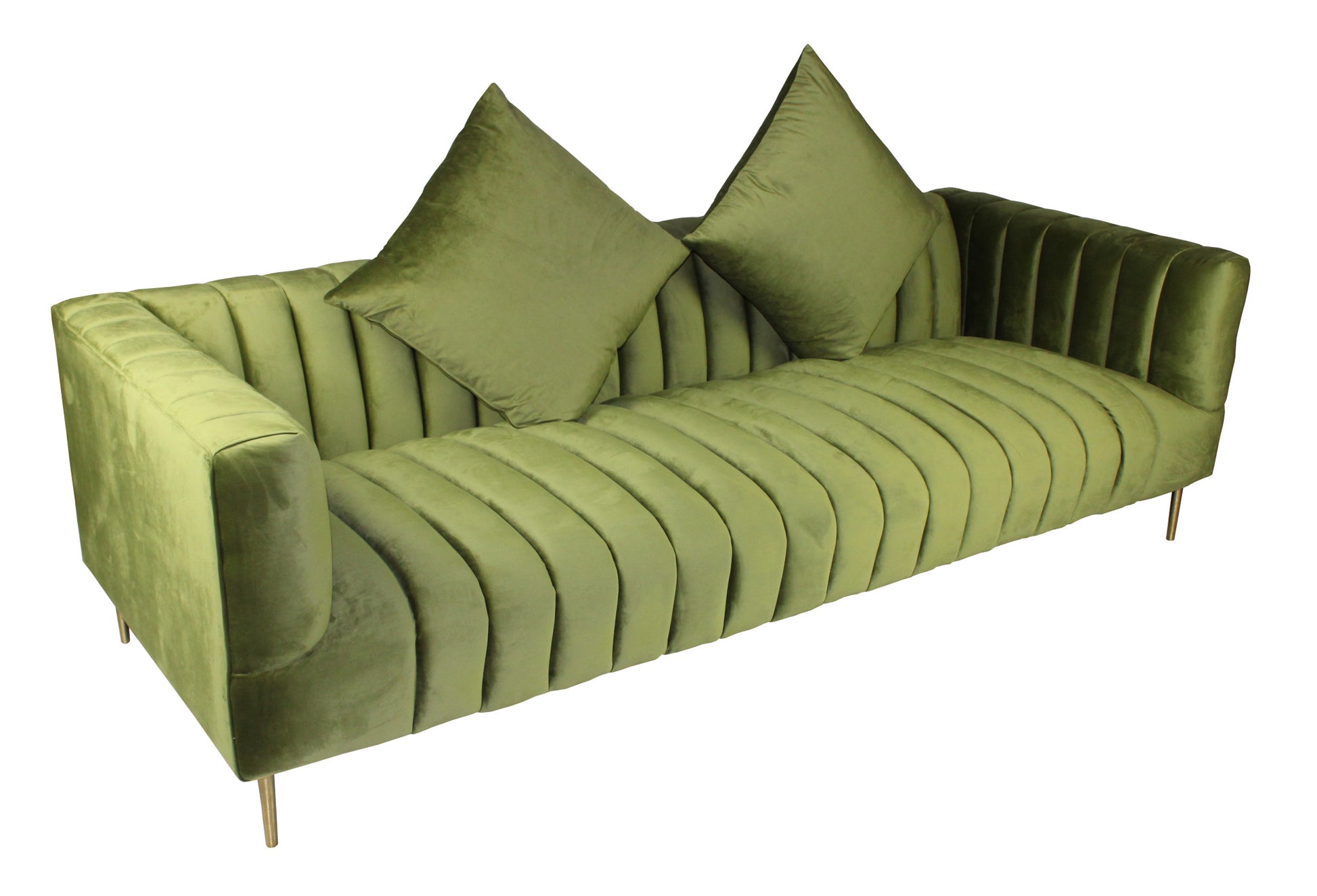 90" Olive Green Velvet Sofa And Toss Pillows With Gold Legs-2