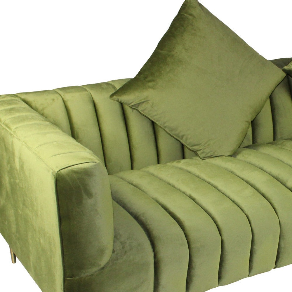 90" Olive Green Velvet Sofa And Toss Pillows With Gold Legs-5