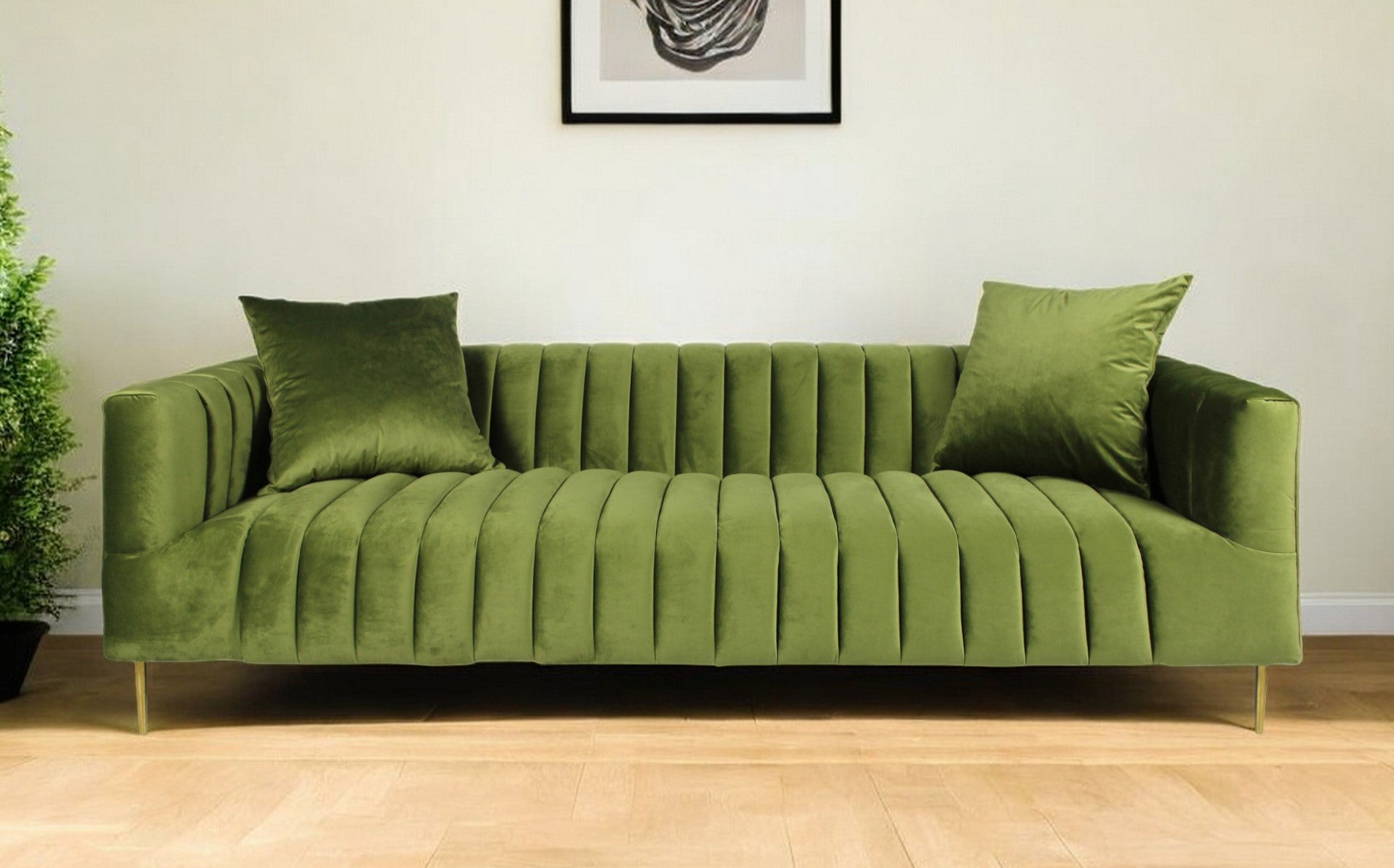 90" Olive Green Velvet Sofa And Toss Pillows With Gold Legs-0