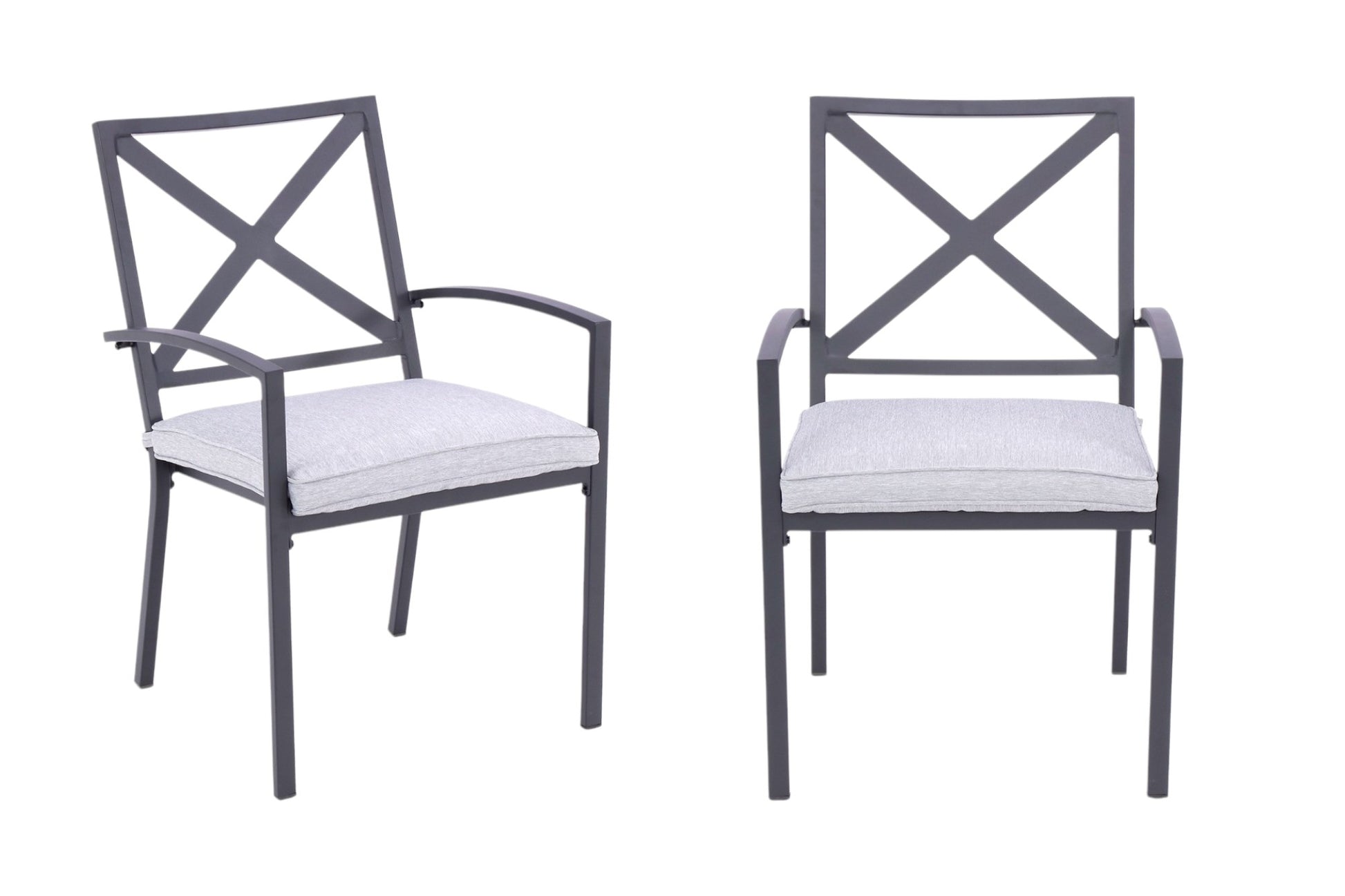 Set of Two Dark Gray Aluminum Outdoor Stacking Dining Chairs with Light Gray Cushion-Outdoor Chairs-DECOROLALA
