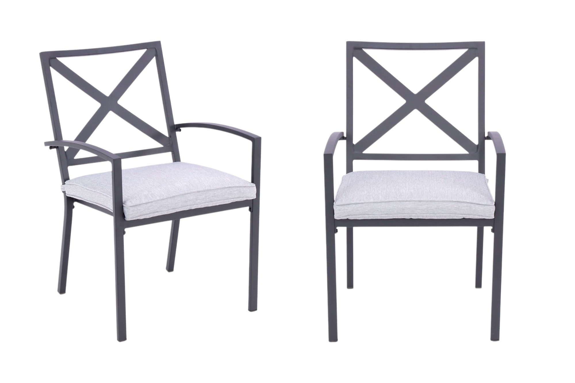 Set of Two Dark Gray Aluminum Outdoor Stacking Dining Chairs with Light Gray Cushion-Outdoor Chairs-DECOROLALA