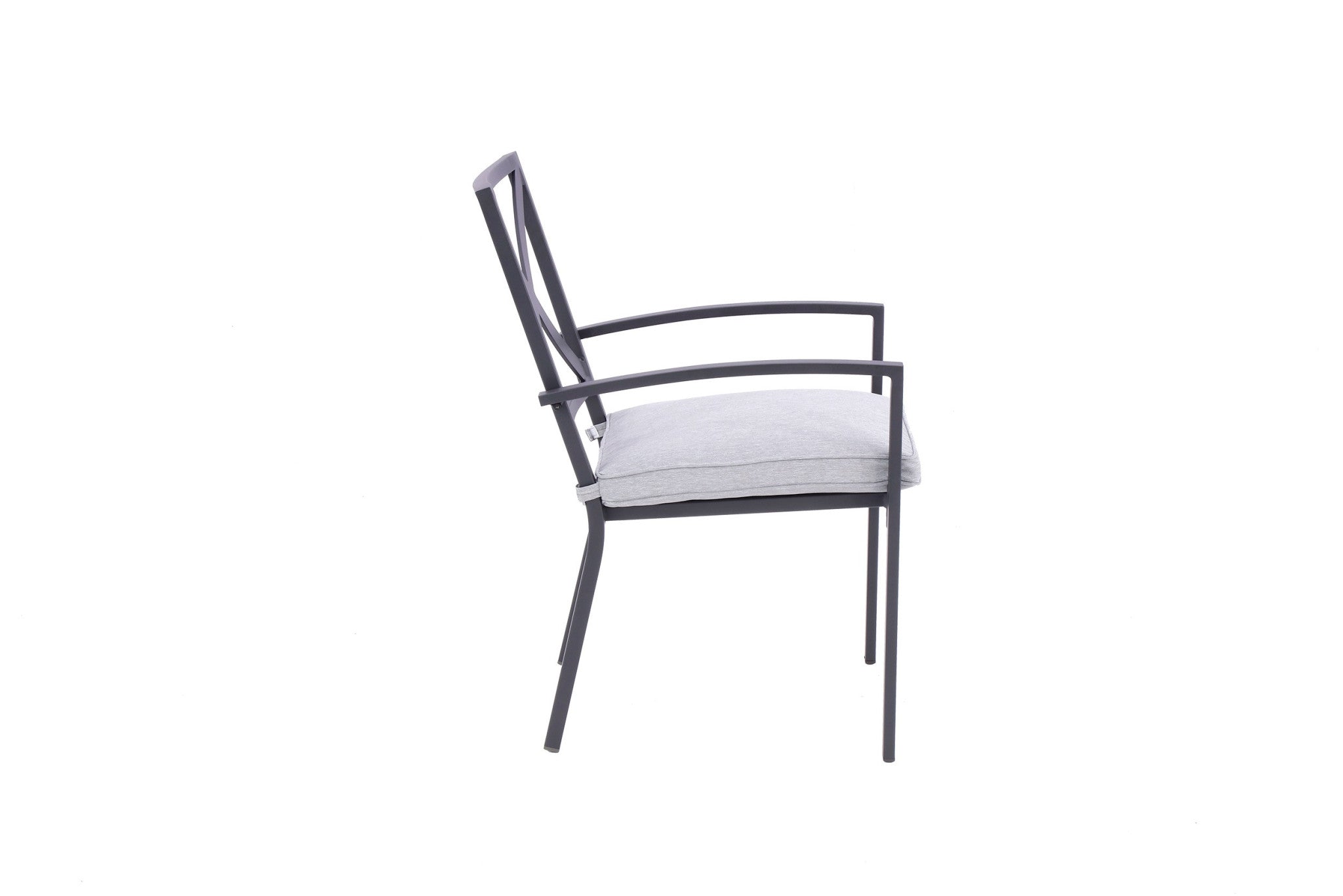 Set of Two Dark Gray Aluminum Outdoor Stacking Dining Chairs with Light Gray Cushion-Outdoor Chairs-DECOROLALA