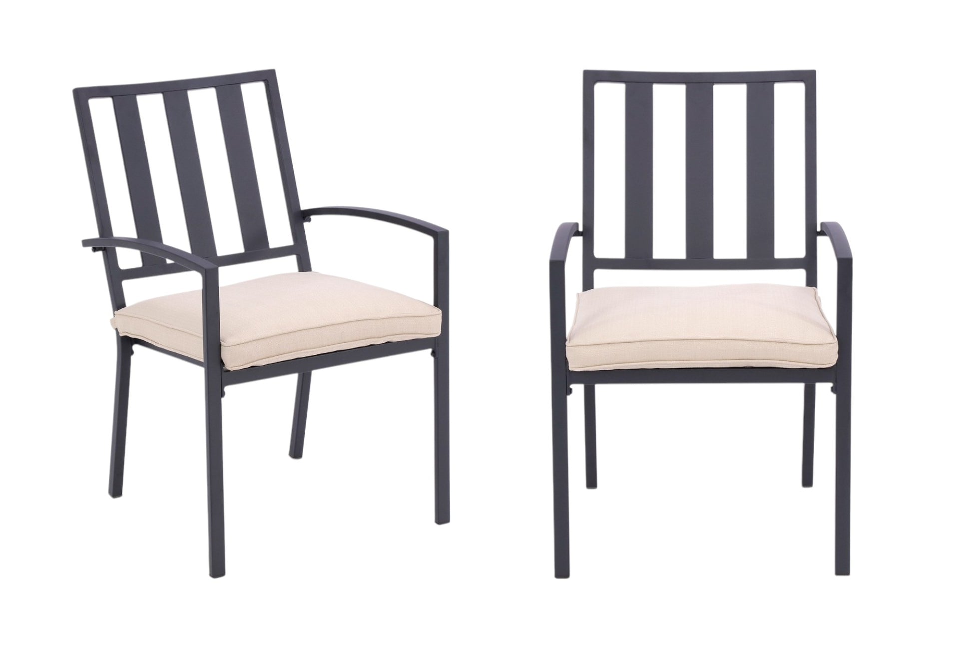 Set of Two Dark Gray Aluminum Outdoor Stacking Dining Chairs with Beige Cushion-Outdoor Chairs-DECOROLALA