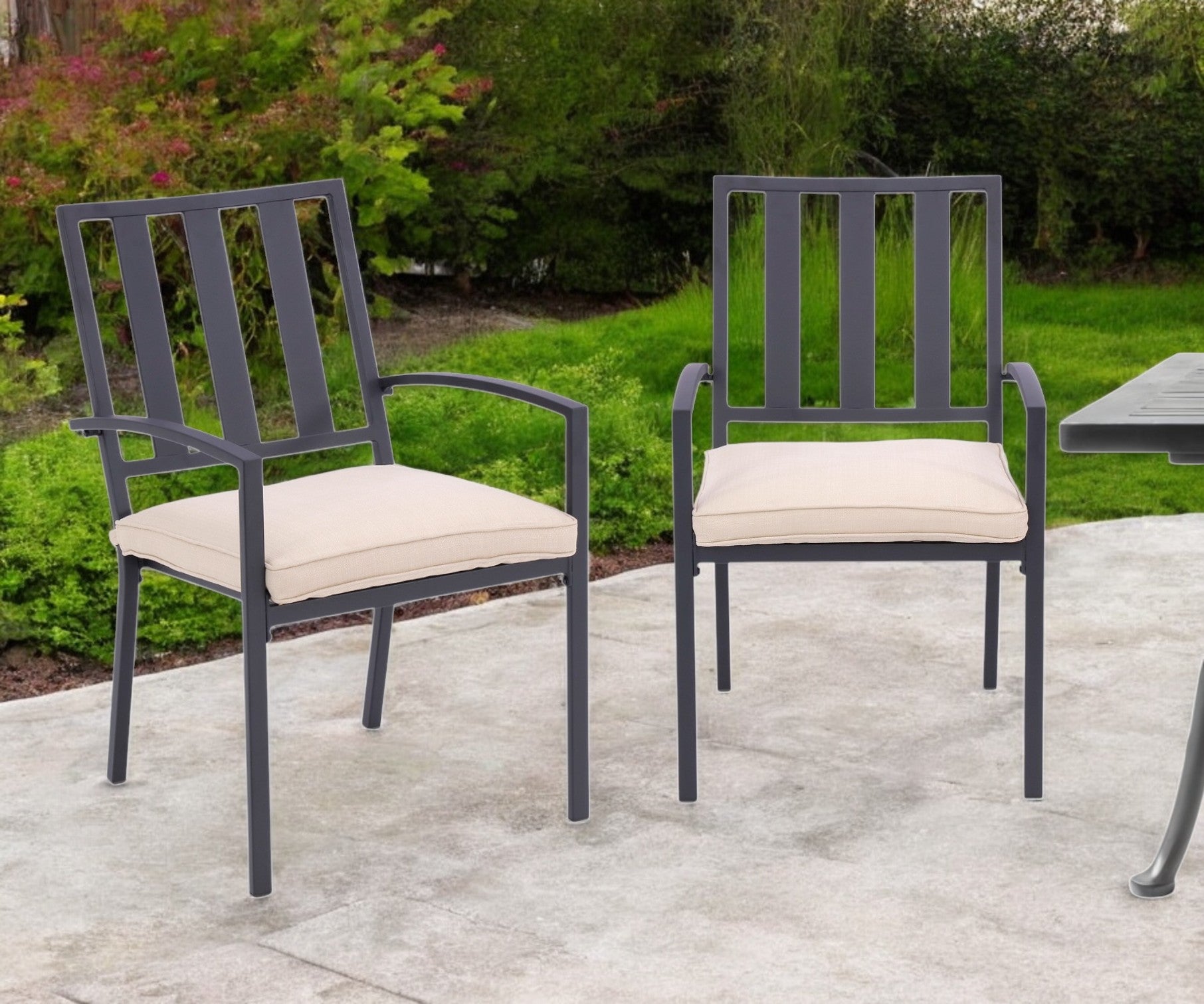 Set of Two Dark Gray Aluminum Outdoor Stacking Dining Chairs with Beige Cushion-Outdoor Chairs-DECOROLALA
