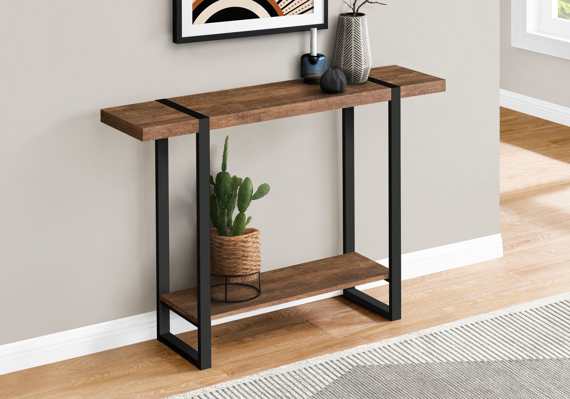 47" Brown and Black Wood and Metal Distressed Sled Console Table With Shelf-Console Tables-DECOROLALA