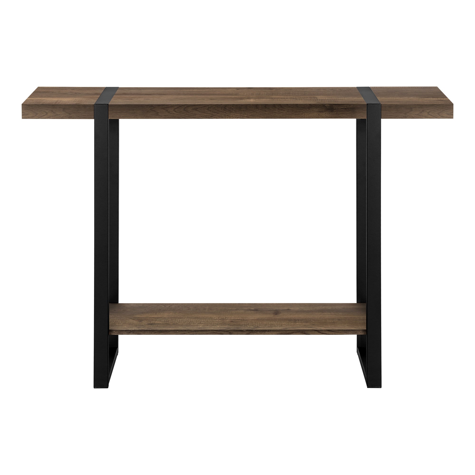 47" Brown and Black Wood and Metal Distressed Sled Console Table With Shelf-Console Tables-DECOROLALA