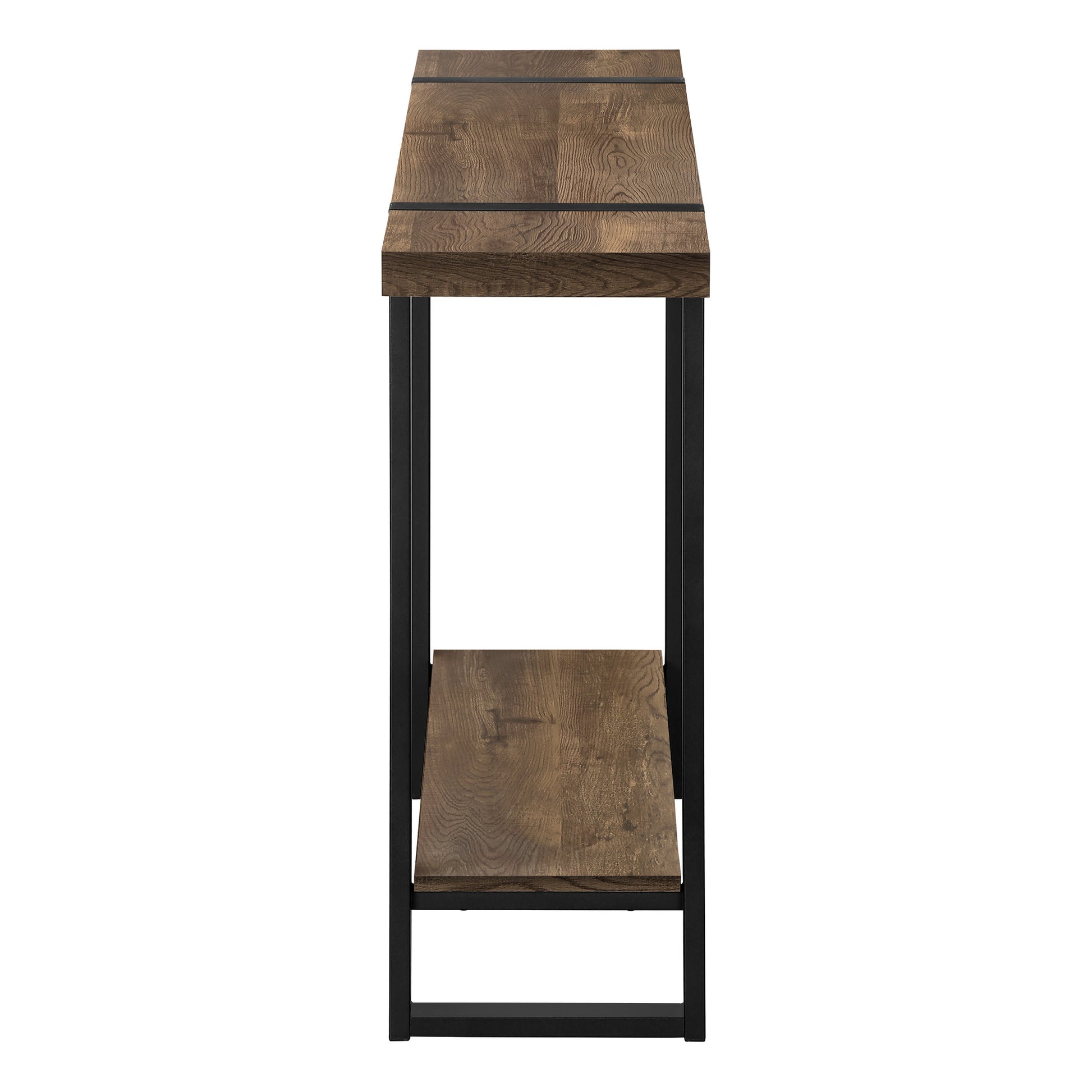 47" Brown and Black Wood and Metal Distressed Sled Console Table With Shelf-Console Tables-DECOROLALA
