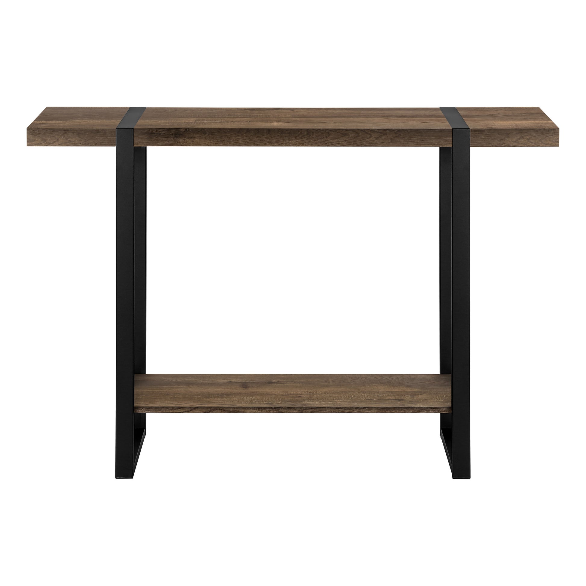 47" Brown and Black Wood and Metal Distressed Sled Console Table With Shelf-Console Tables-DECOROLALA