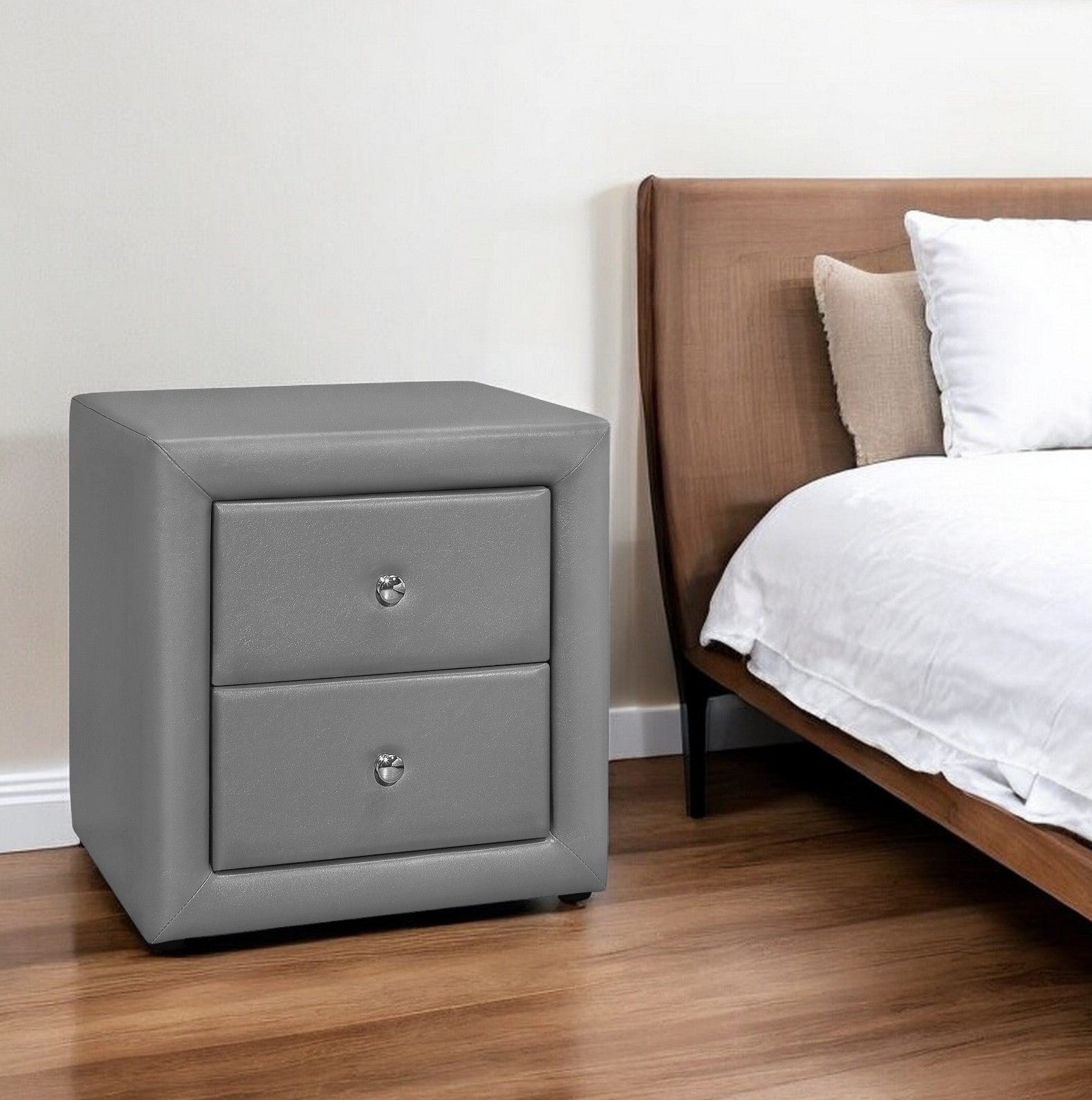 21" Gray Wood Two Drawer Nightstand-Nightstands & Bedside Tables-DECOROLALA
