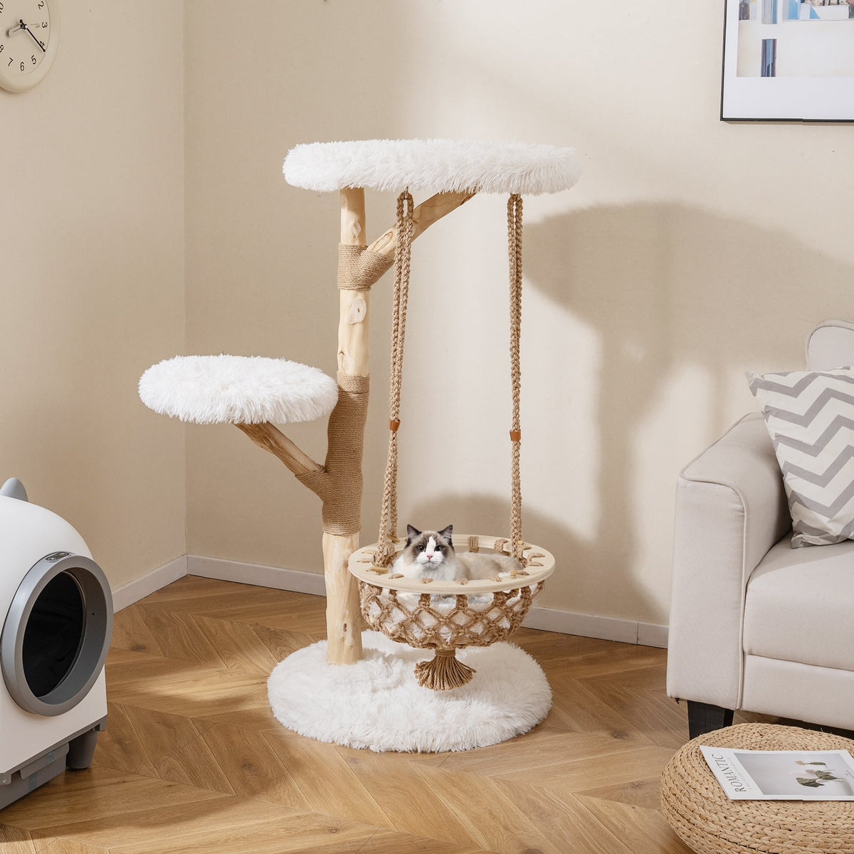 48.5 Inch Solid Wood Cat Tree with Hanging Cradle and Jute Scratching Post-White-Cat Trees & Scratchers-DECOROLALA