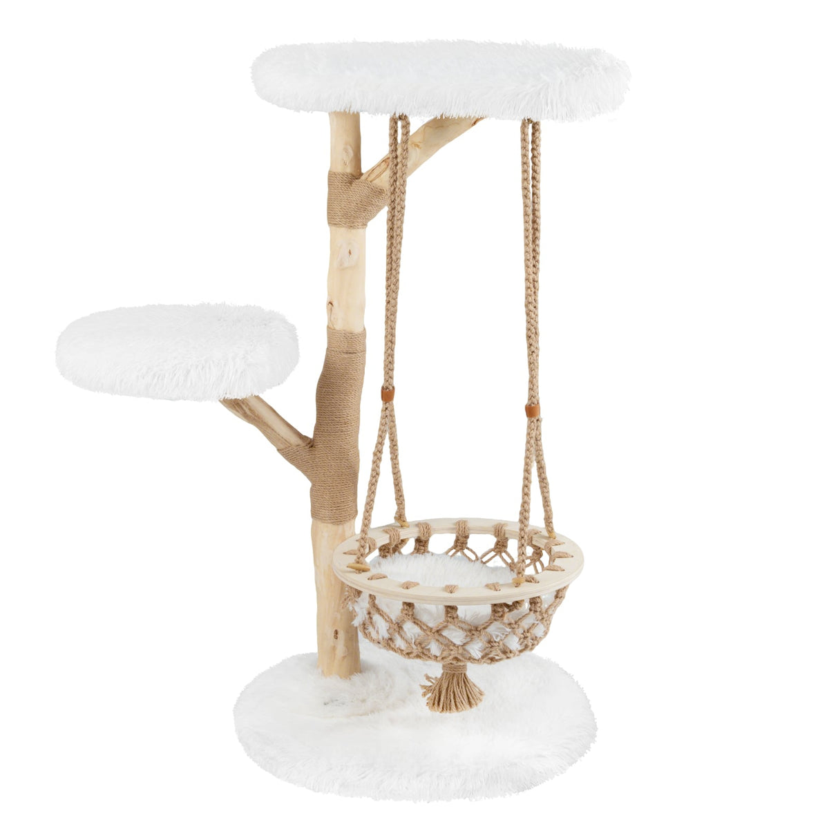48.5 Inch Solid Wood Cat Tree with Hanging Cradle and Jute Scratching Post-White-Cat Trees & Scratchers-DECOROLALA