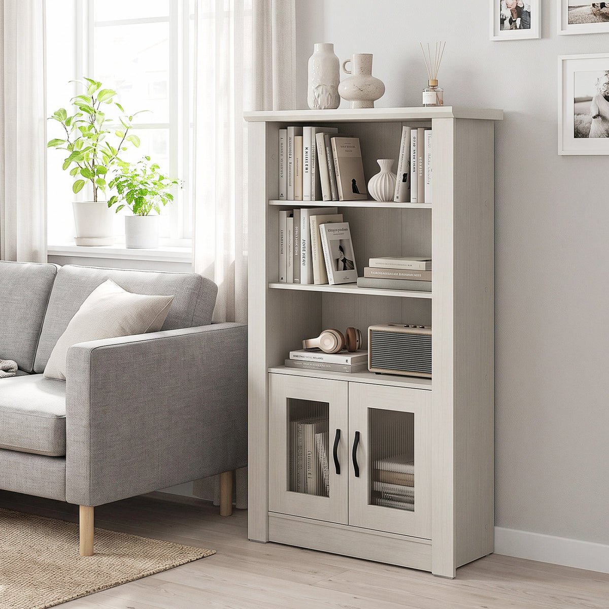 48.5" Modern Bookcase 4-Tier with 2 Translucent Fluted Doors and Anti-Tipping Kits-White-Bookcases-DECOROLALA