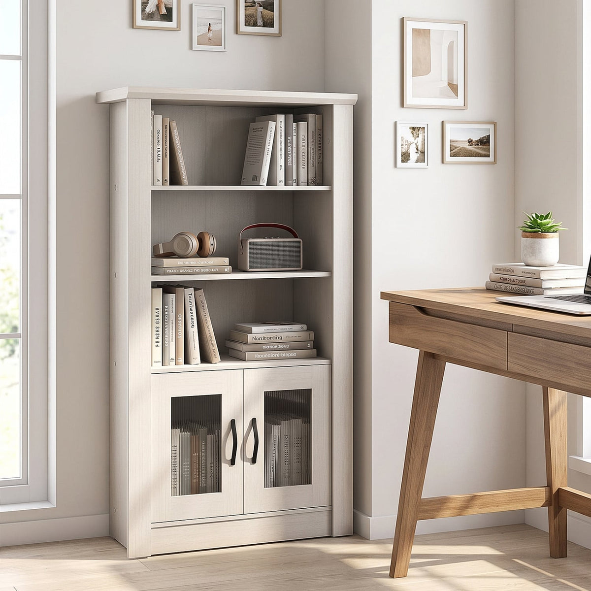 48.5" Modern Bookcase 4-Tier with 2 Translucent Fluted Doors and Anti-Tipping Kits-White-Bookcases-DECOROLALA