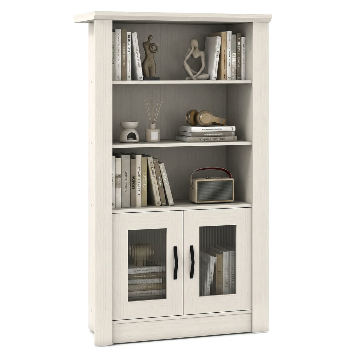 48.5" Modern Bookcase 4-Tier with 2 Translucent Fluted Doors and Anti-Tipping Kits-White-Bookcases-DECOROLALA