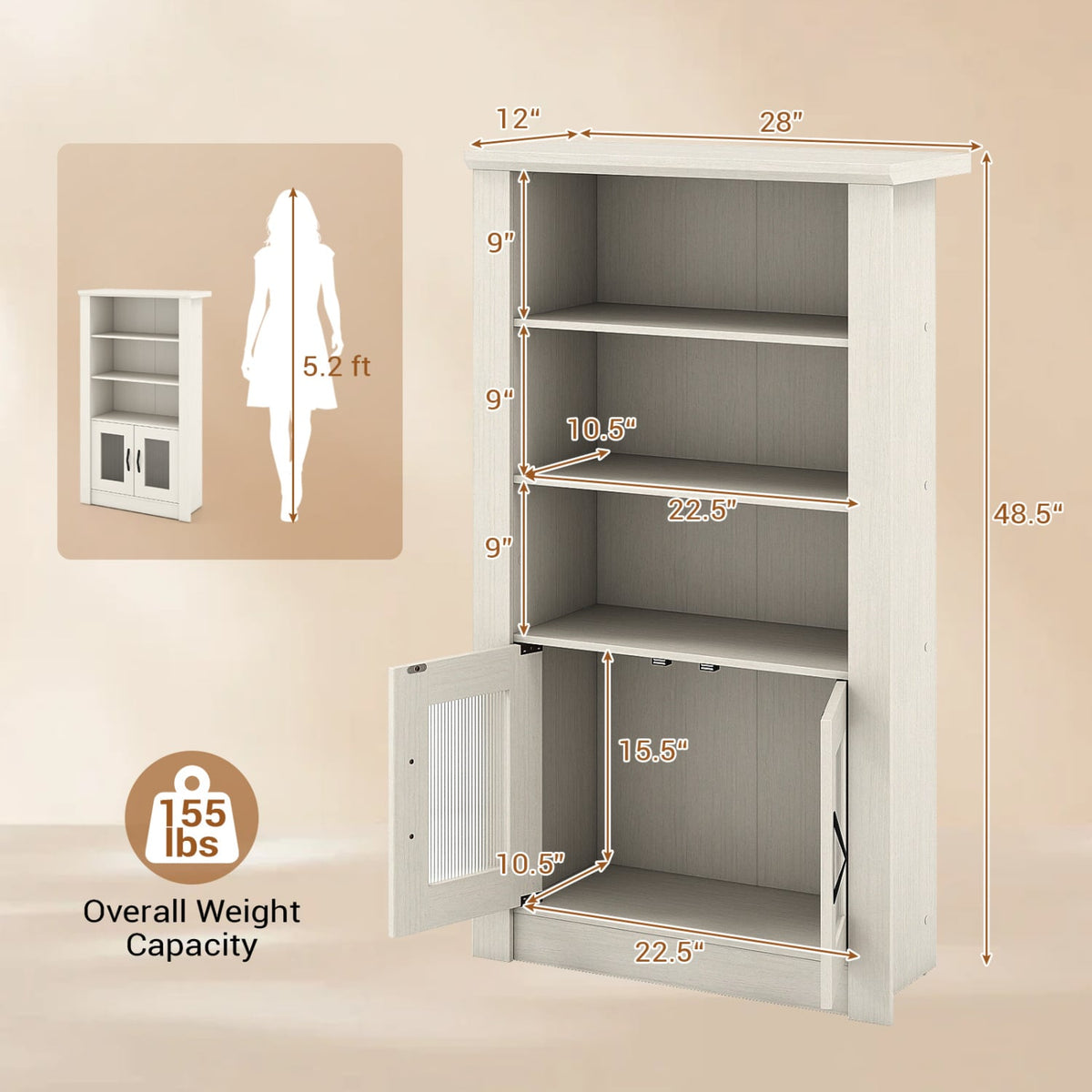 48.5" Modern Bookcase 4-Tier with 2 Translucent Fluted Doors and Anti-Tipping Kits-White-Bookcases-DECOROLALA