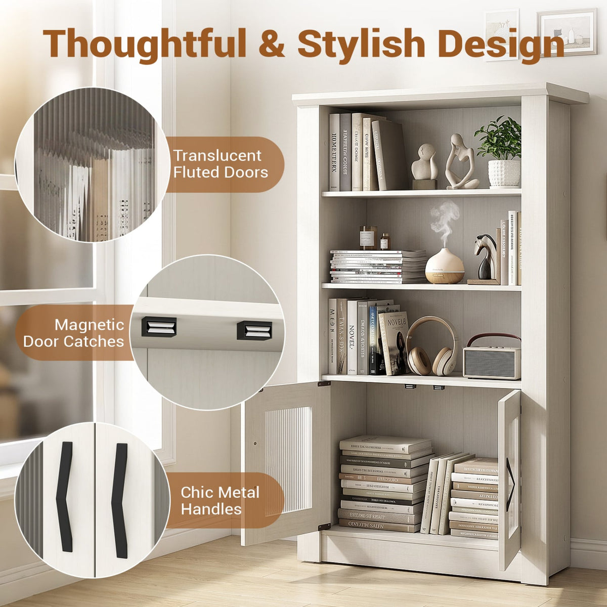 48.5" Modern Bookcase 4-Tier with 2 Translucent Fluted Doors and Anti-Tipping Kits-White-Bookcases-DECOROLALA