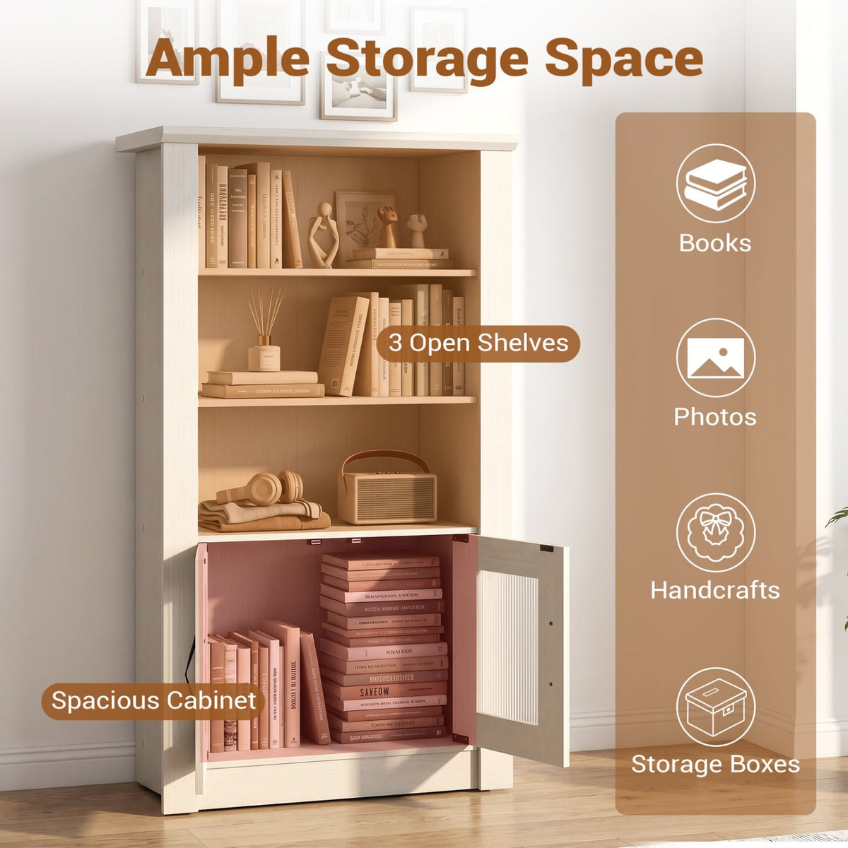 48.5" Modern Bookcase 4-Tier with 2 Translucent Fluted Doors and Anti-Tipping Kits-White-Bookcases-DECOROLALA