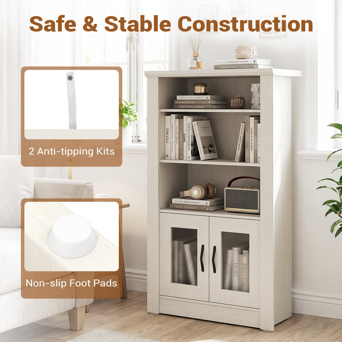 48.5" Modern Bookcase 4-Tier with 2 Translucent Fluted Doors and Anti-Tipping Kits-White-Bookcases-DECOROLALA