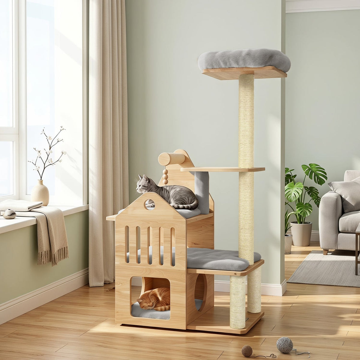 48.5" Multi-Level Solid Wood Cat Tree for Indoor Cats with Padded Top Perch Cat Condo and Sisal Scratching Posts-Gray-Cat Trees & Scratchers-DECOROLALA