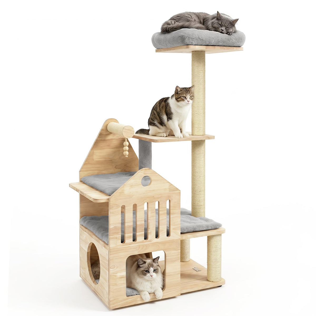 48.5" Multi-Level Solid Wood Cat Tree for Indoor Cats with Padded Top Perch Cat Condo and Sisal Scratching Posts-Gray-Cat Trees & Scratchers-DECOROLALA