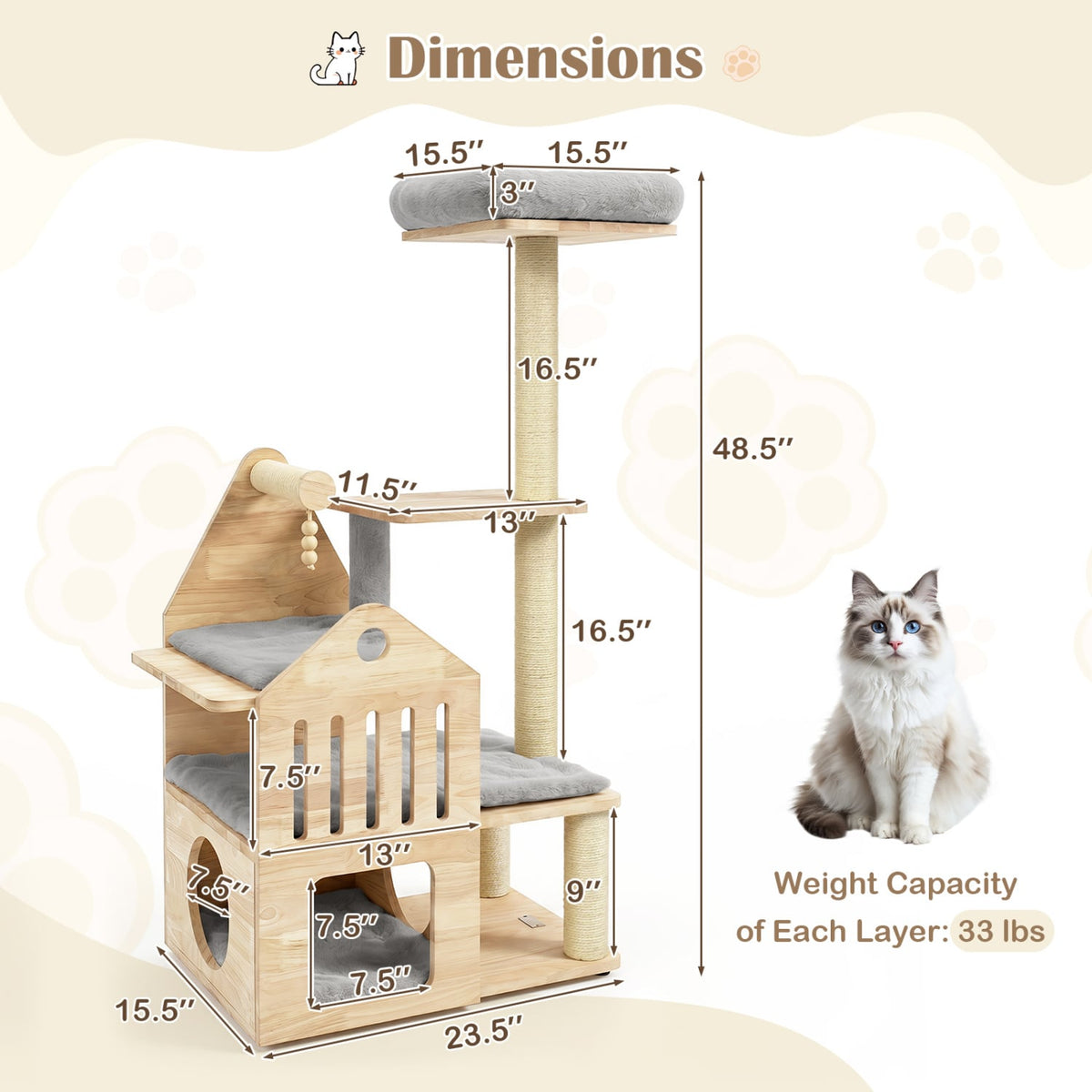 48.5" Multi-Level Solid Wood Cat Tree for Indoor Cats with Padded Top Perch Cat Condo and Sisal Scratching Posts-Gray-Cat Trees & Scratchers-DECOROLALA