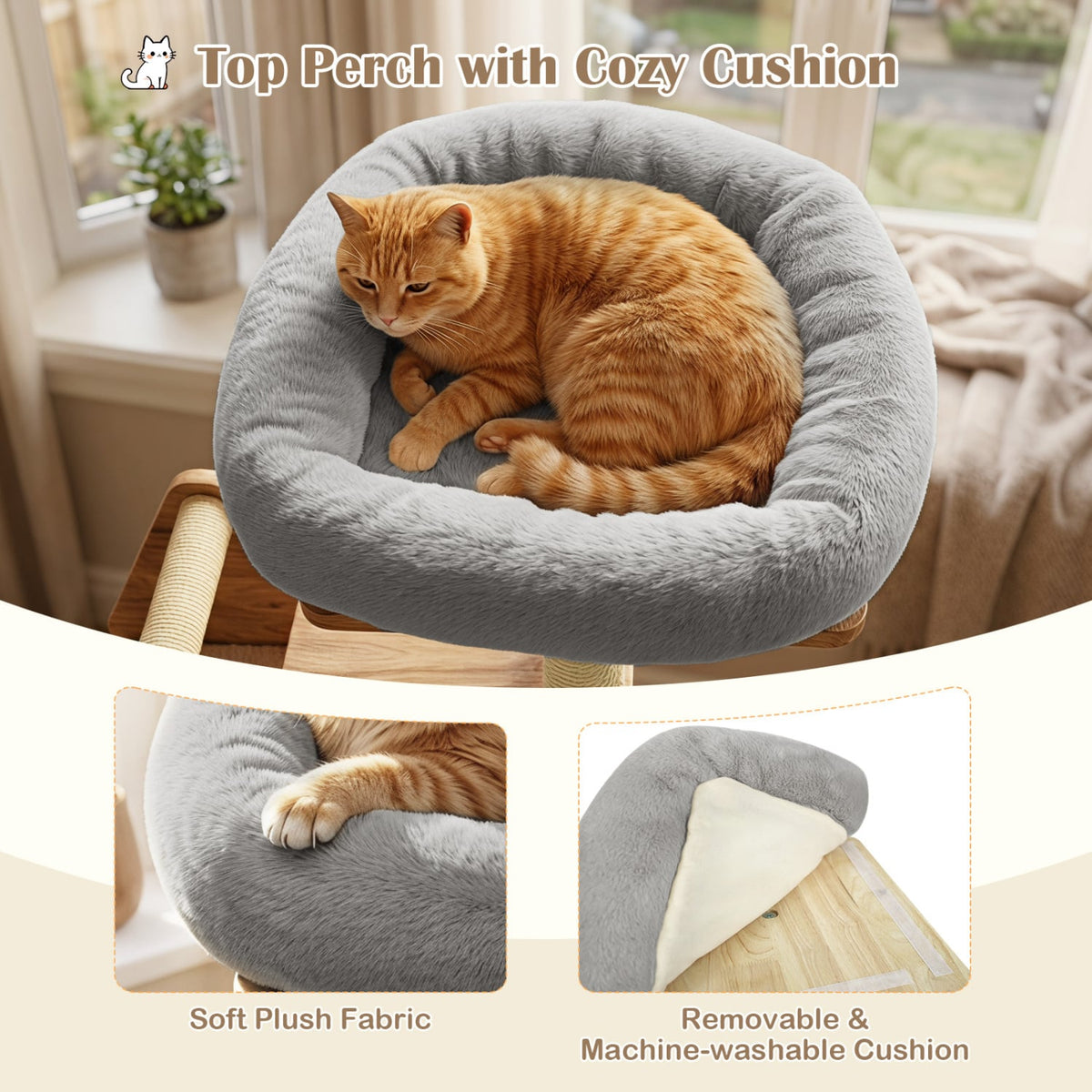 48.5" Multi-Level Solid Wood Cat Tree for Indoor Cats with Padded Top Perch Cat Condo and Sisal Scratching Posts-Gray-Cat Trees & Scratchers-DECOROLALA