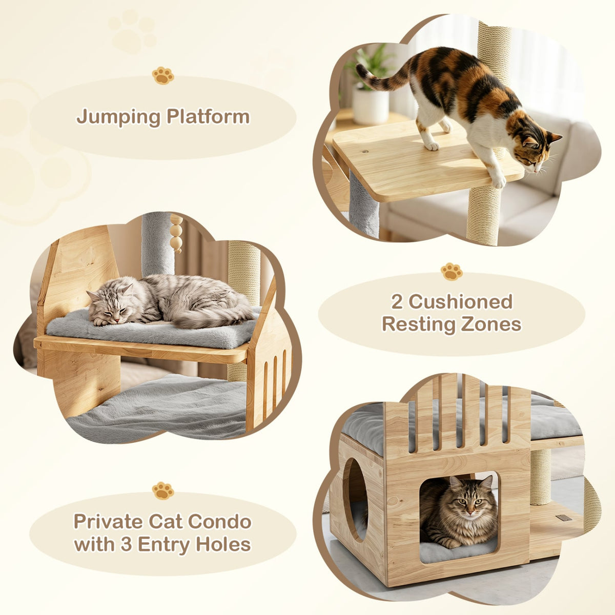 48.5" Multi-Level Solid Wood Cat Tree for Indoor Cats with Padded Top Perch Cat Condo and Sisal Scratching Posts-Gray-Cat Trees & Scratchers-DECOROLALA
