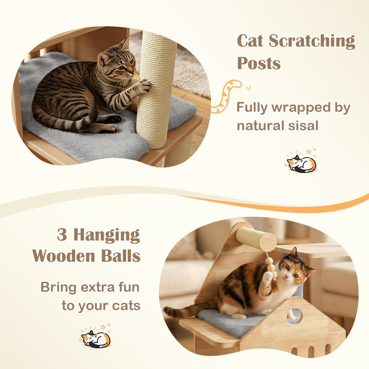 48.5" Multi-Level Solid Wood Cat Tree for Indoor Cats with Padded Top Perch Cat Condo and Sisal Scratching Posts-Gray-Cat Trees & Scratchers-DECOROLALA