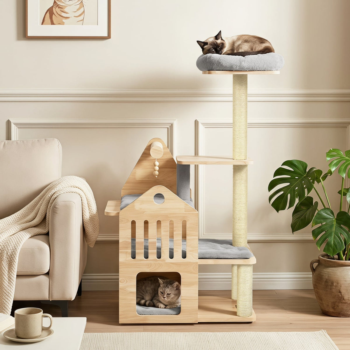 48.5" Multi-Level Solid Wood Cat Tree for Indoor Cats with Padded Top Perch Cat Condo and Sisal Scratching Posts-Gray-Cat Trees & Scratchers-DECOROLALA