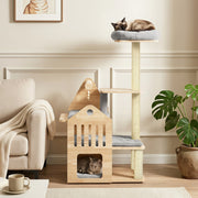 48.5" Multi-Level Solid Wood Cat Tree for Indoor Cats with Padded Top Perch Cat Condo and Sisal Scratching Posts-Gray-Cat Trees & Scratchers-DECOROLALA
