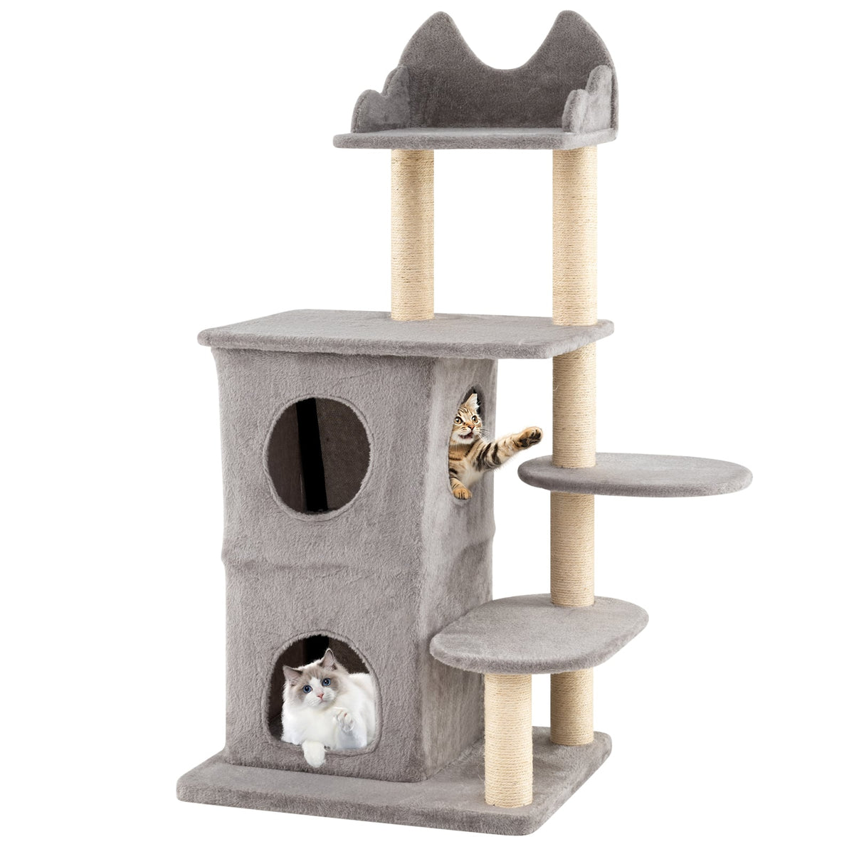 48.5 inch Cat Tree with 2-story Condo and 3 Hideaway Caves for Large Cats-Gray-Cat Trees & Scratchers-DECOROLALA