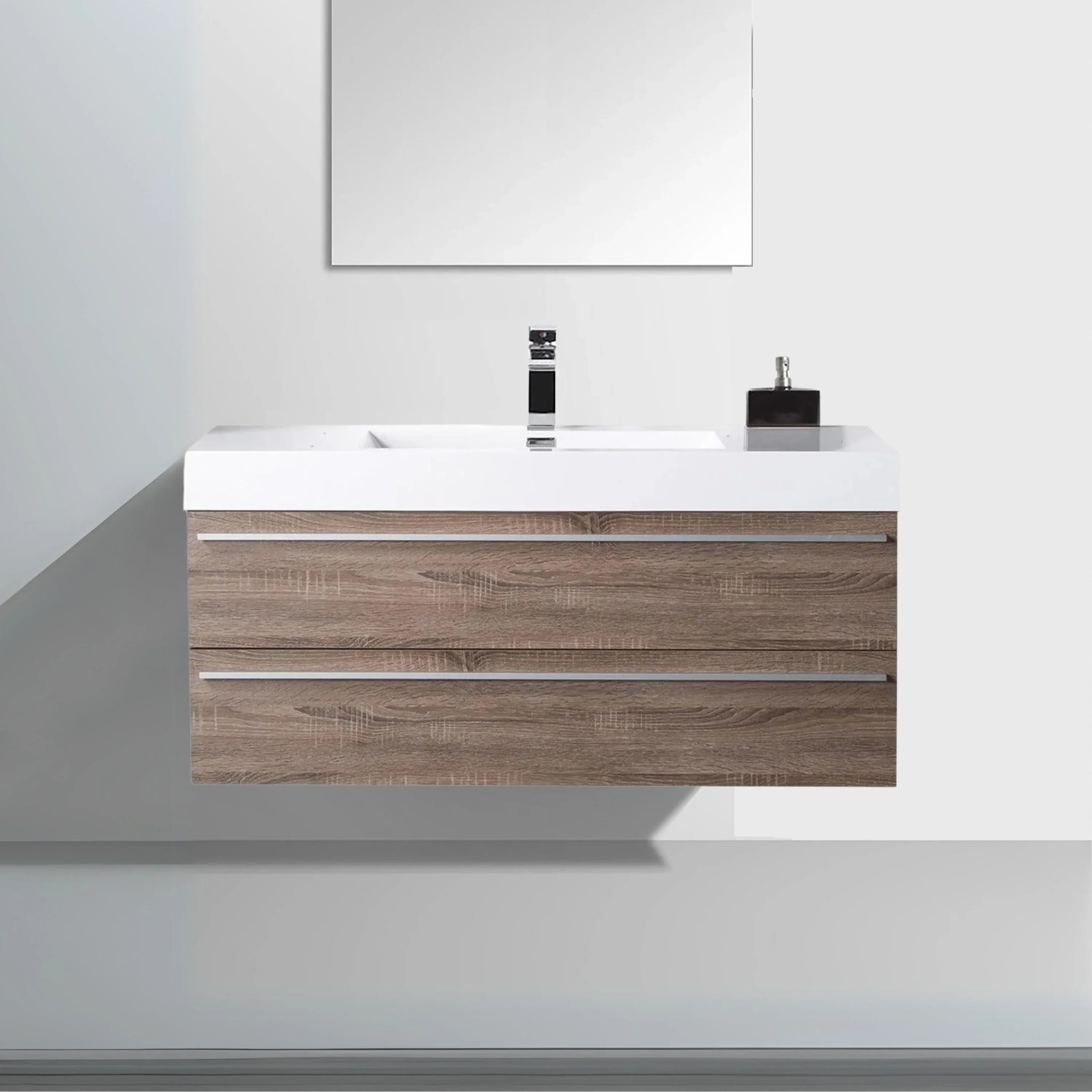 48" Soft Oak Wall Mount Single Sink Bathroom Vanity with White Polymarble Countertop