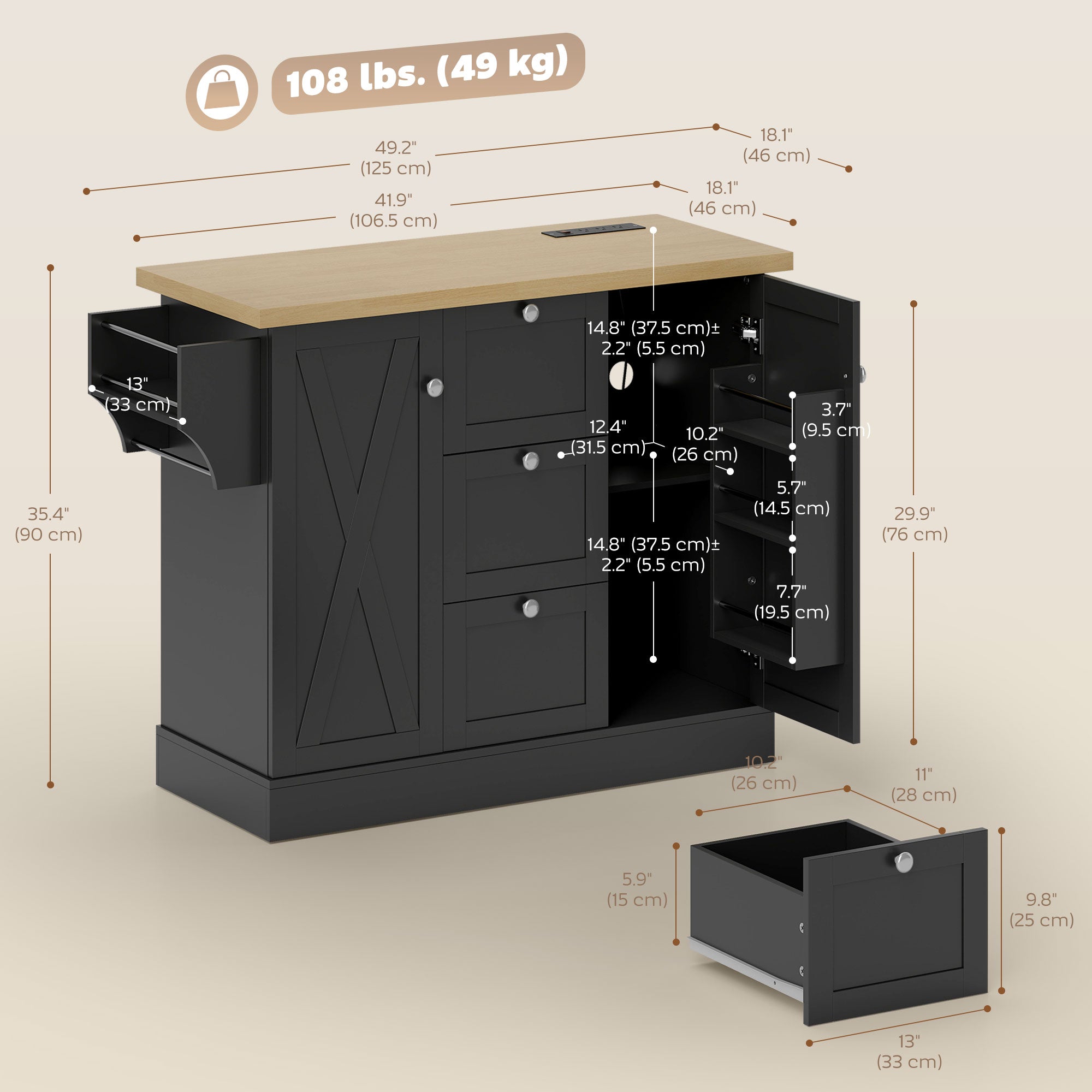 49" Farmhouse Kitchen Island Cart - Black with Power Outlet-DECOROLALA