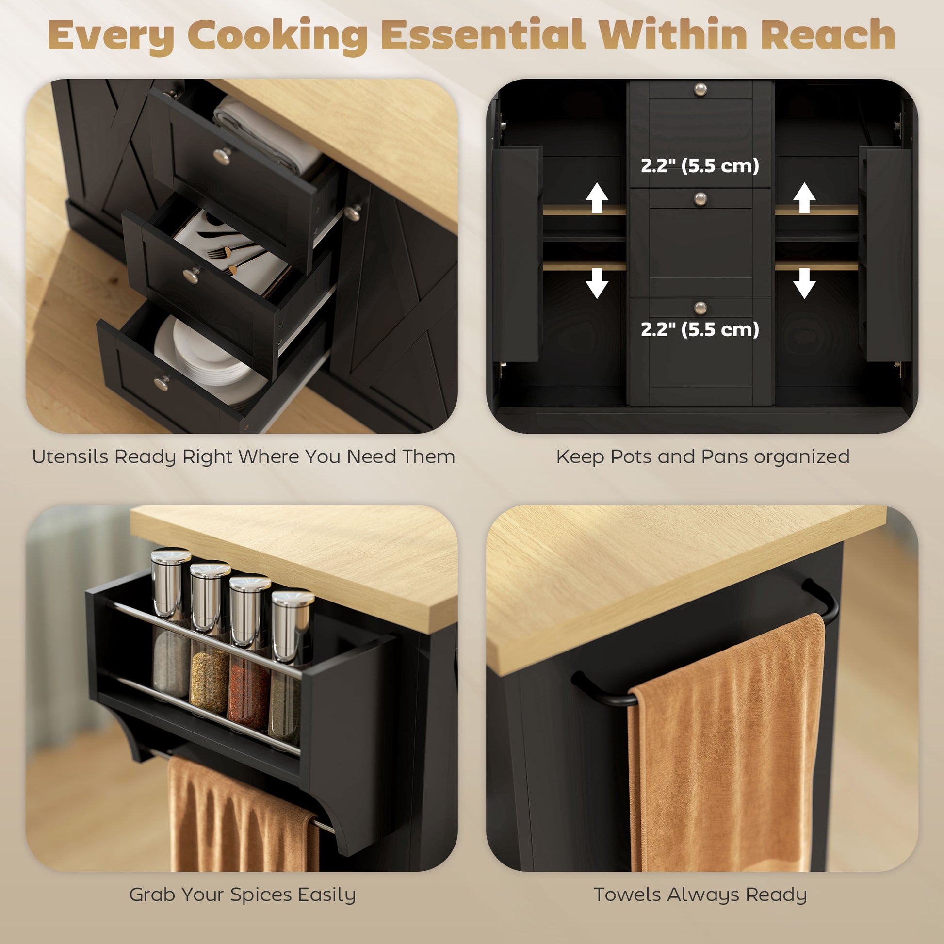 49" Farmhouse Kitchen Island Cart - Black with Power Outlet-DECOROLALA