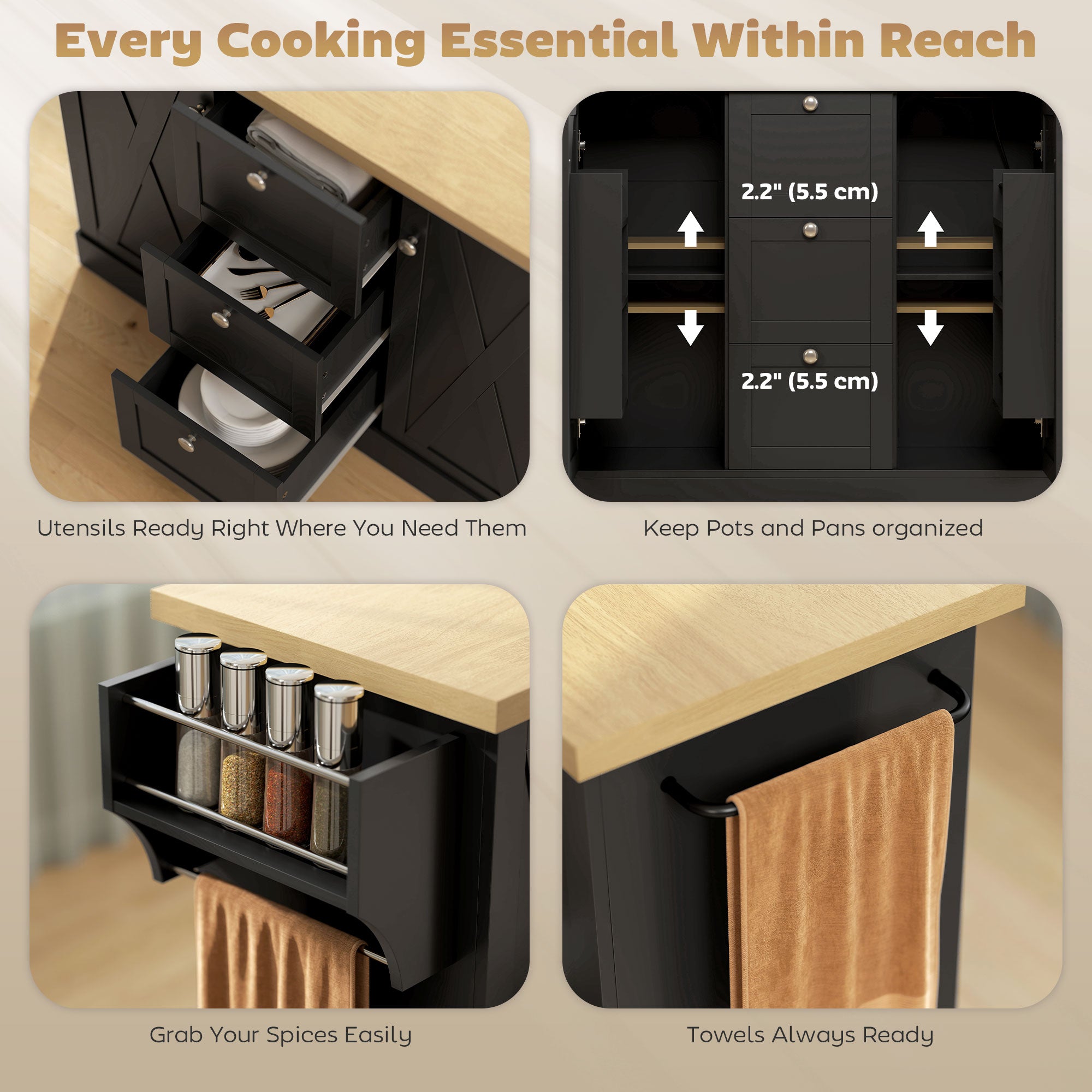 49" Farmhouse Kitchen Island Cart - Black with Power Outlet-DECOROLALA