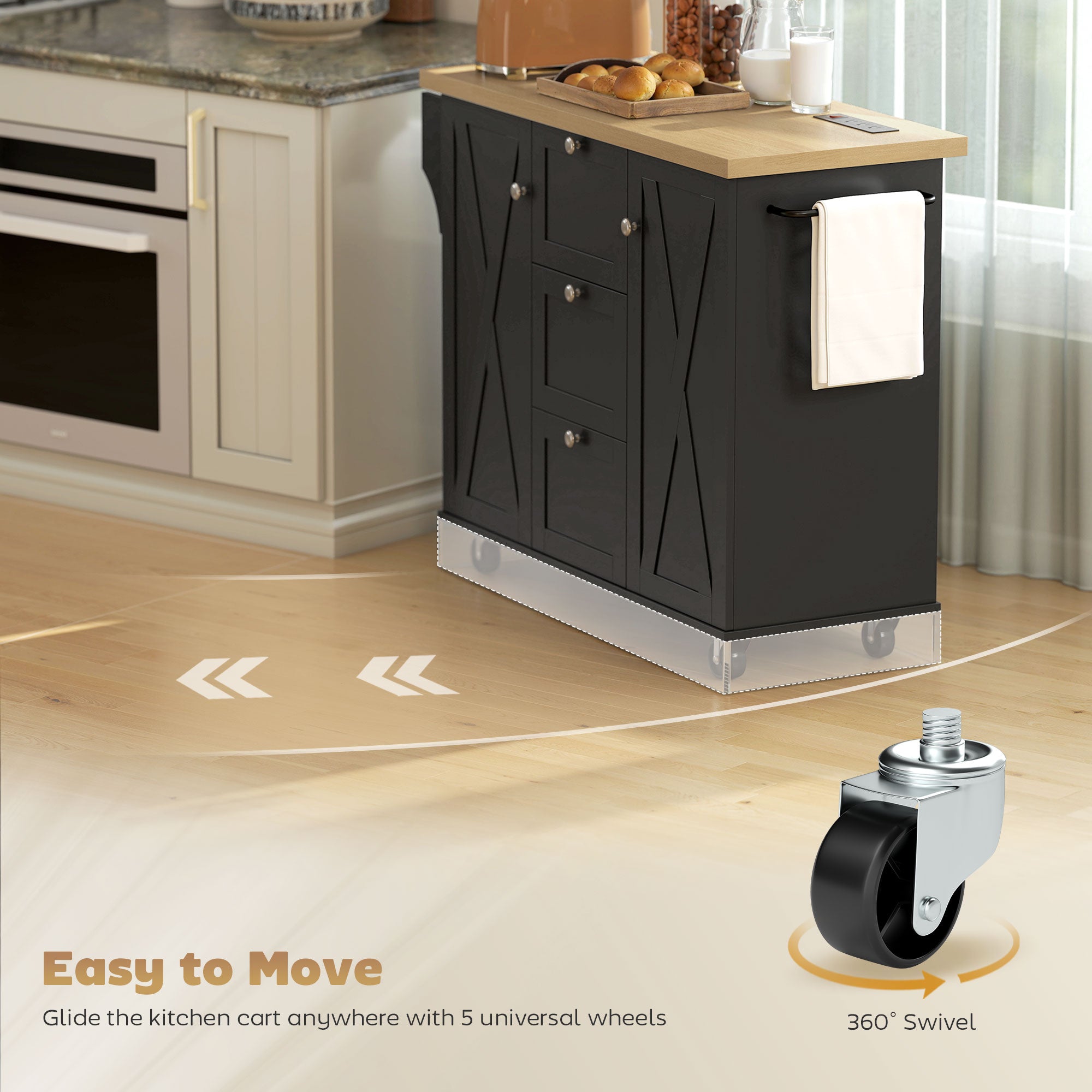 49" Farmhouse Kitchen Island Cart - Black with Power Outlet-DECOROLALA
