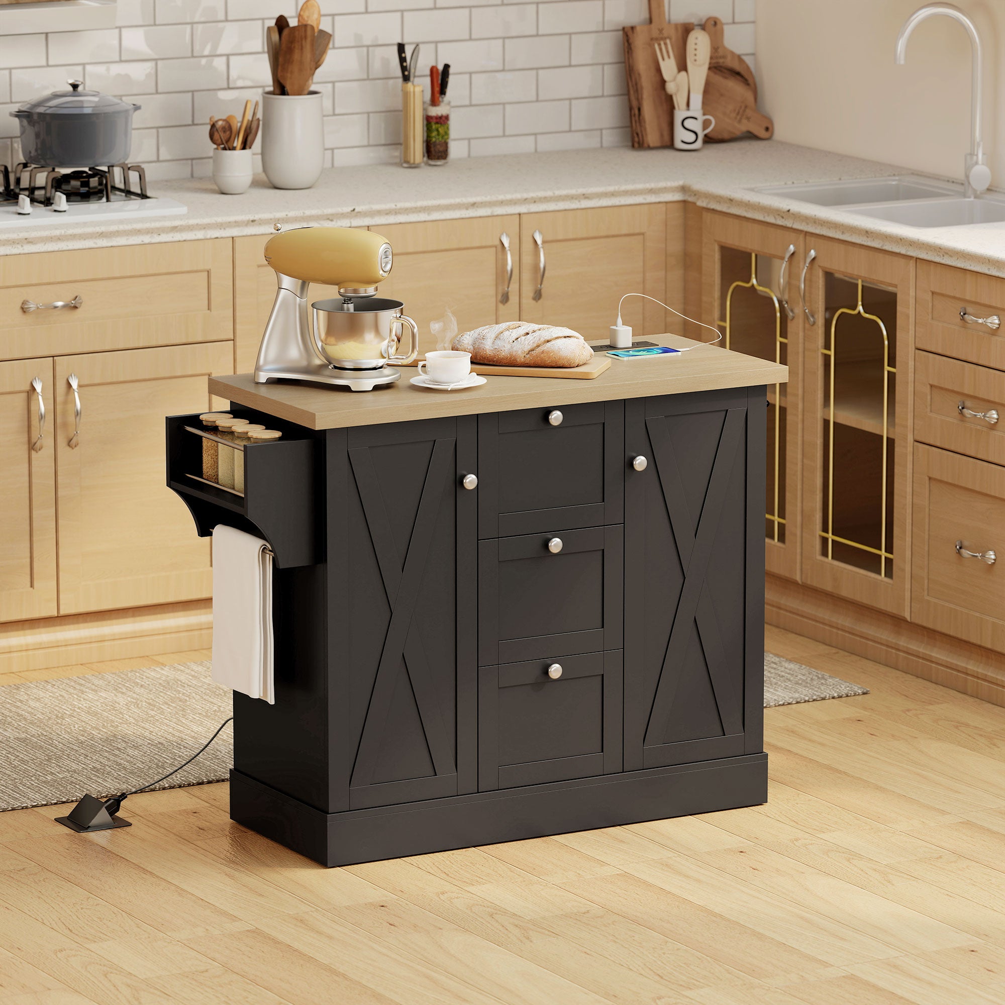 49" Farmhouse Kitchen Island Cart - Black with Power Outlet-DECOROLALA