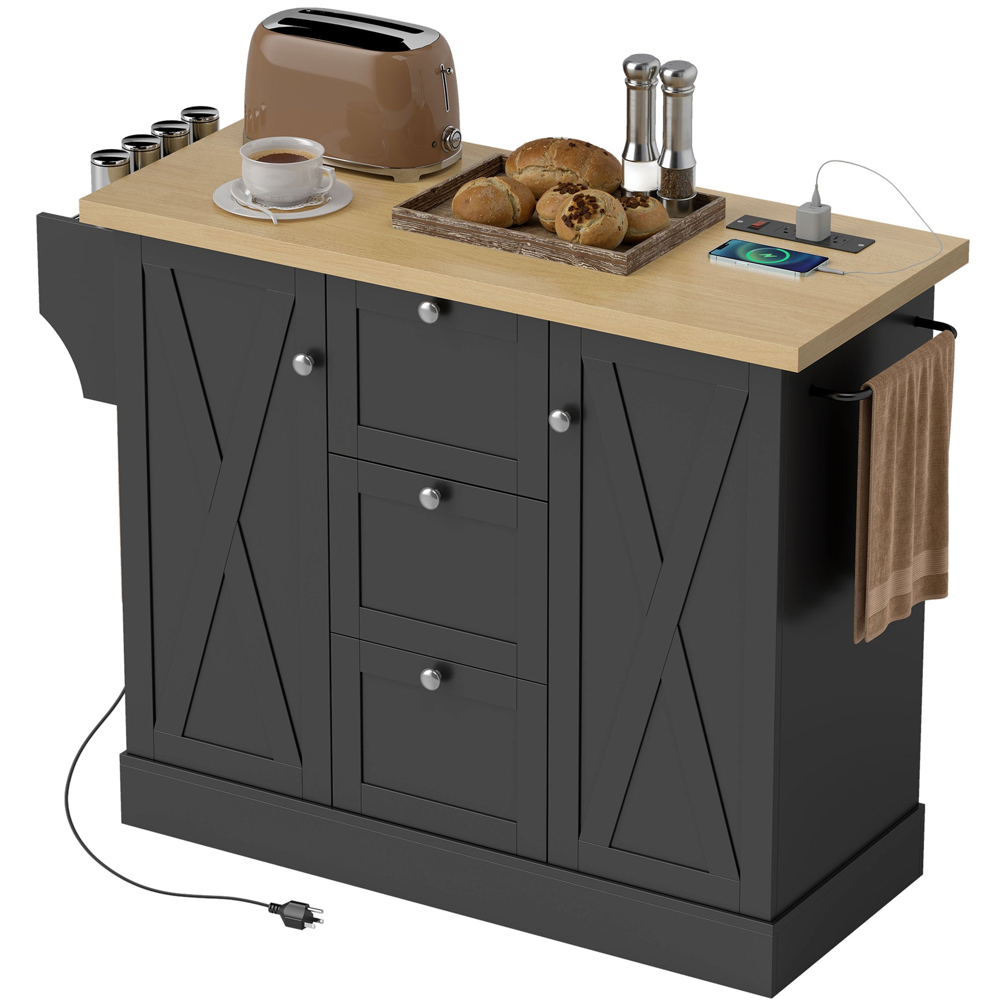 49" Farmhouse Kitchen Island Cart - Black with Power Outlet-DECOROLALA