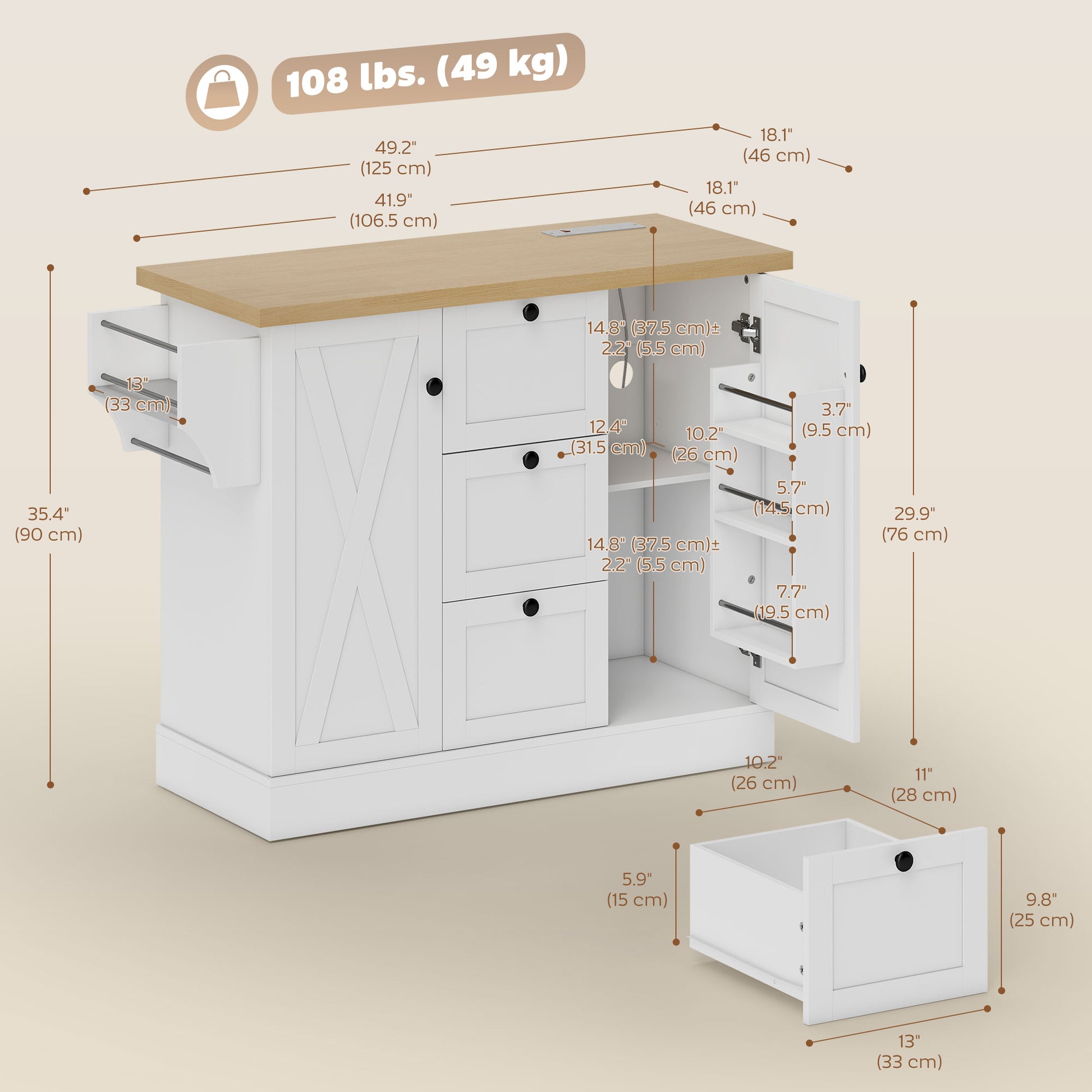 49" Farmhouse Kitchen Island Cart with Power Outlet - White-DECOROLALA