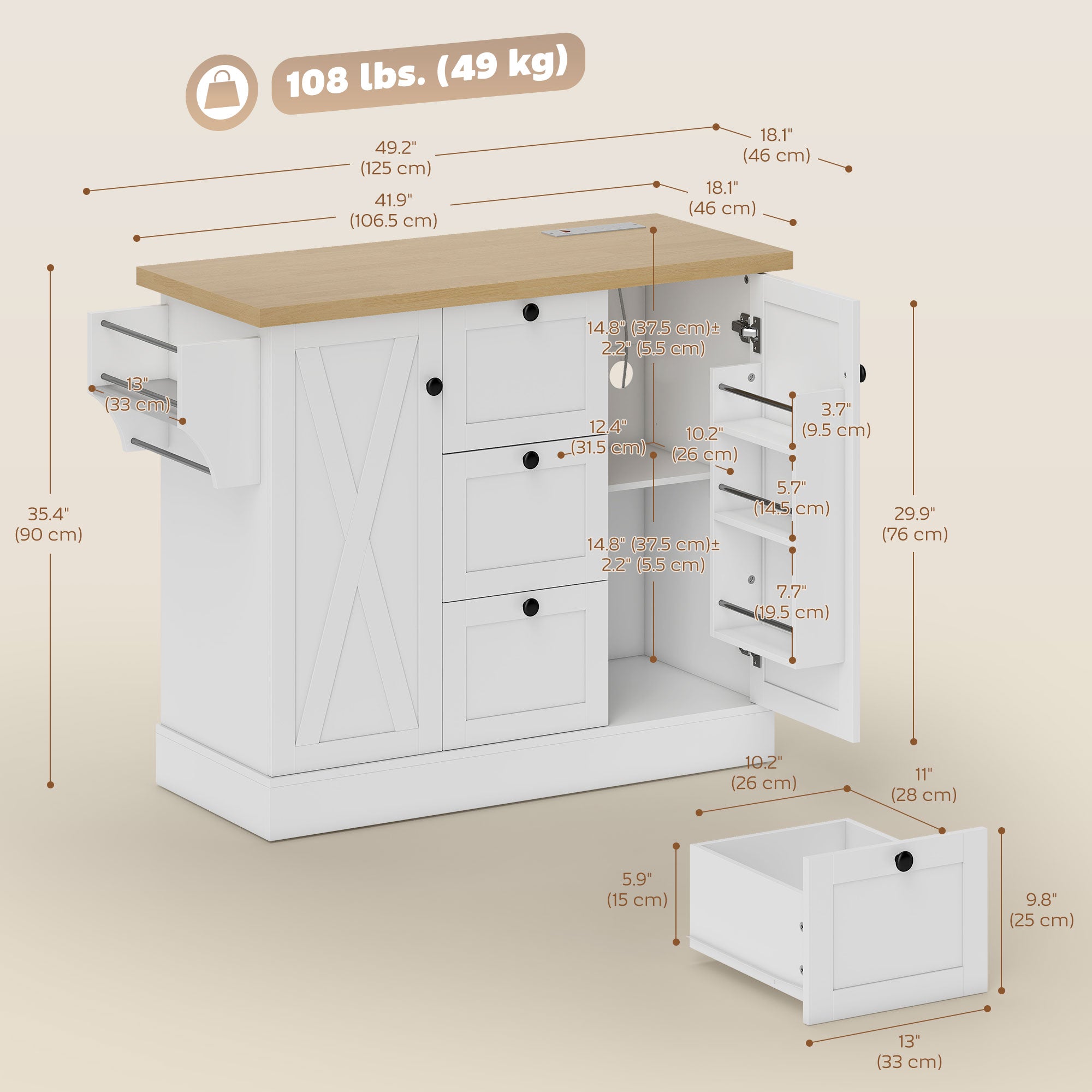 49" Farmhouse Kitchen Island Cart with Power Outlet - White-DECOROLALA