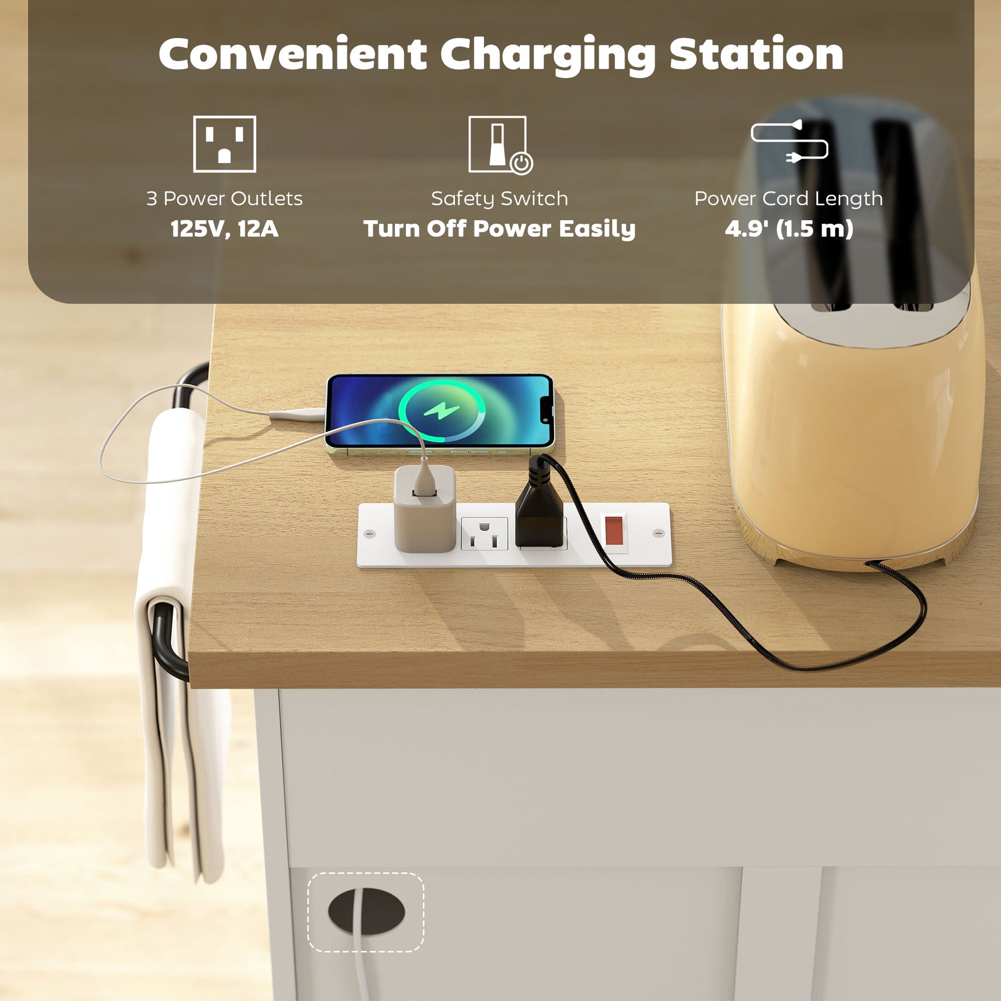 49" Farmhouse Kitchen Island Cart with Power Outlet - White-DECOROLALA