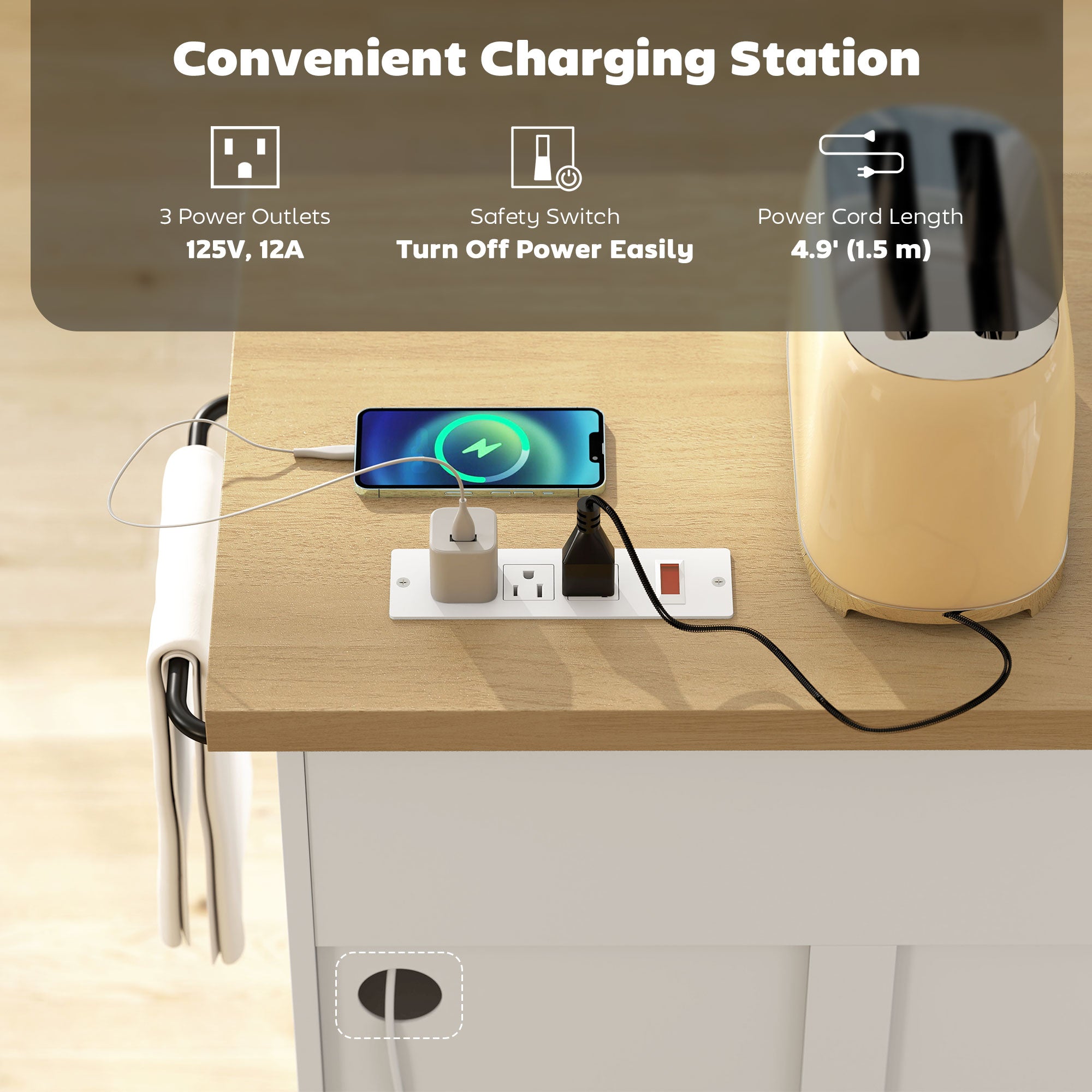 49" Farmhouse Kitchen Island Cart with Power Outlet - White-DECOROLALA