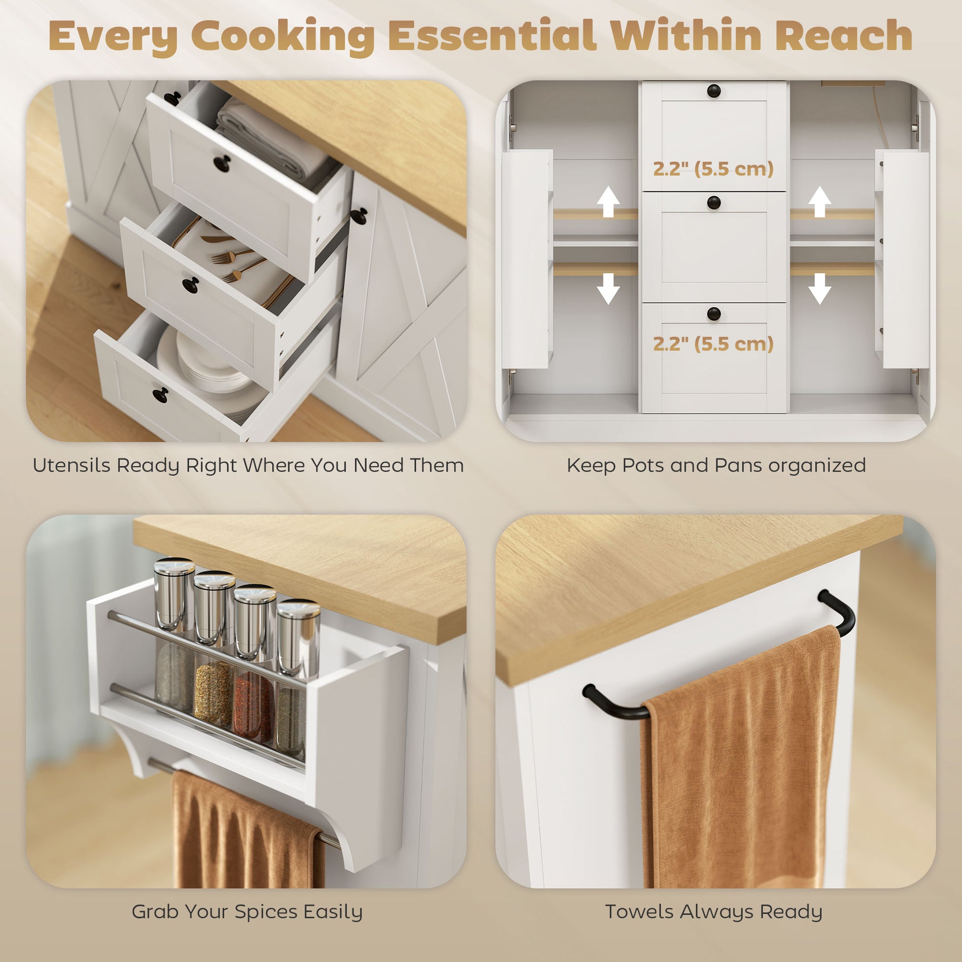 49" Farmhouse Kitchen Island Cart with Power Outlet - White-DECOROLALA