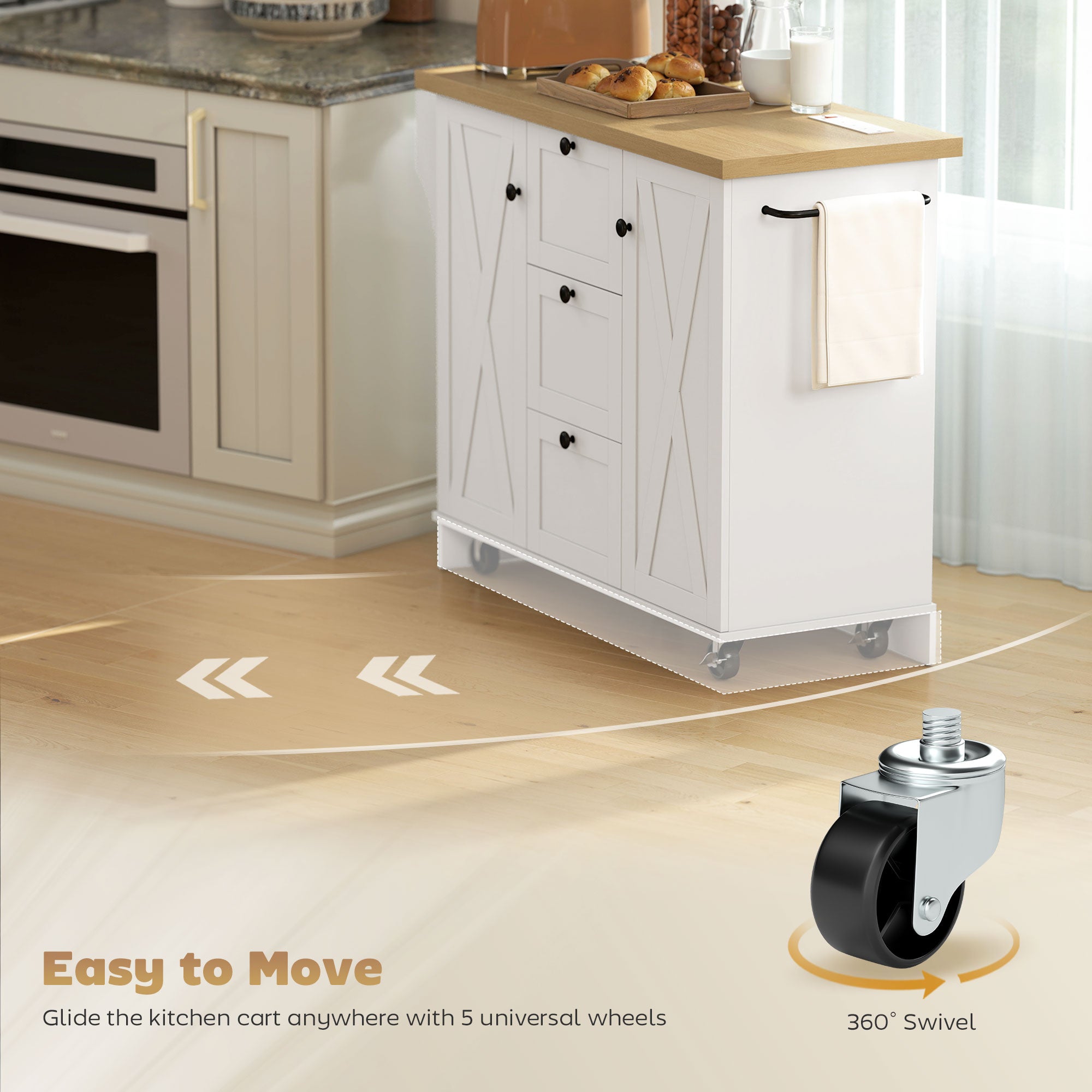 49" Farmhouse Kitchen Island Cart with Power Outlet - White-DECOROLALA