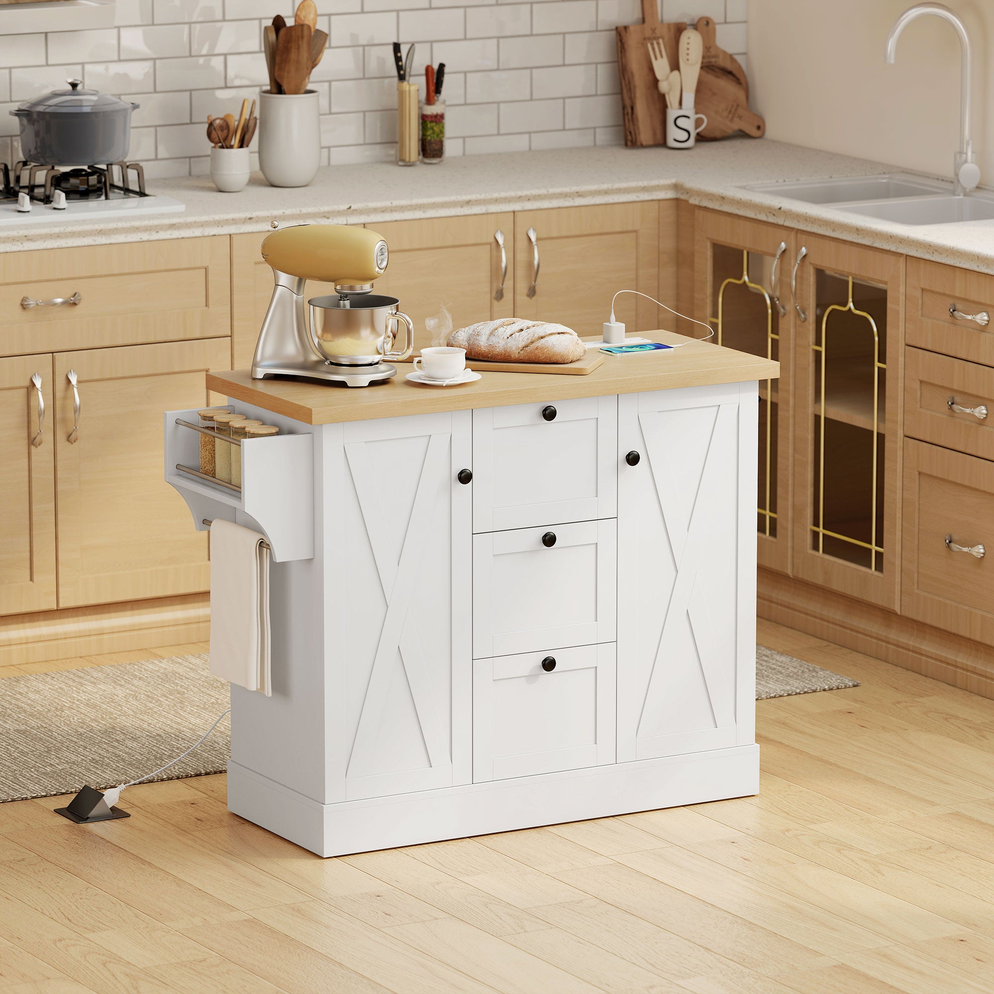 49" Farmhouse Kitchen Island Cart with Power Outlet - White-DECOROLALA