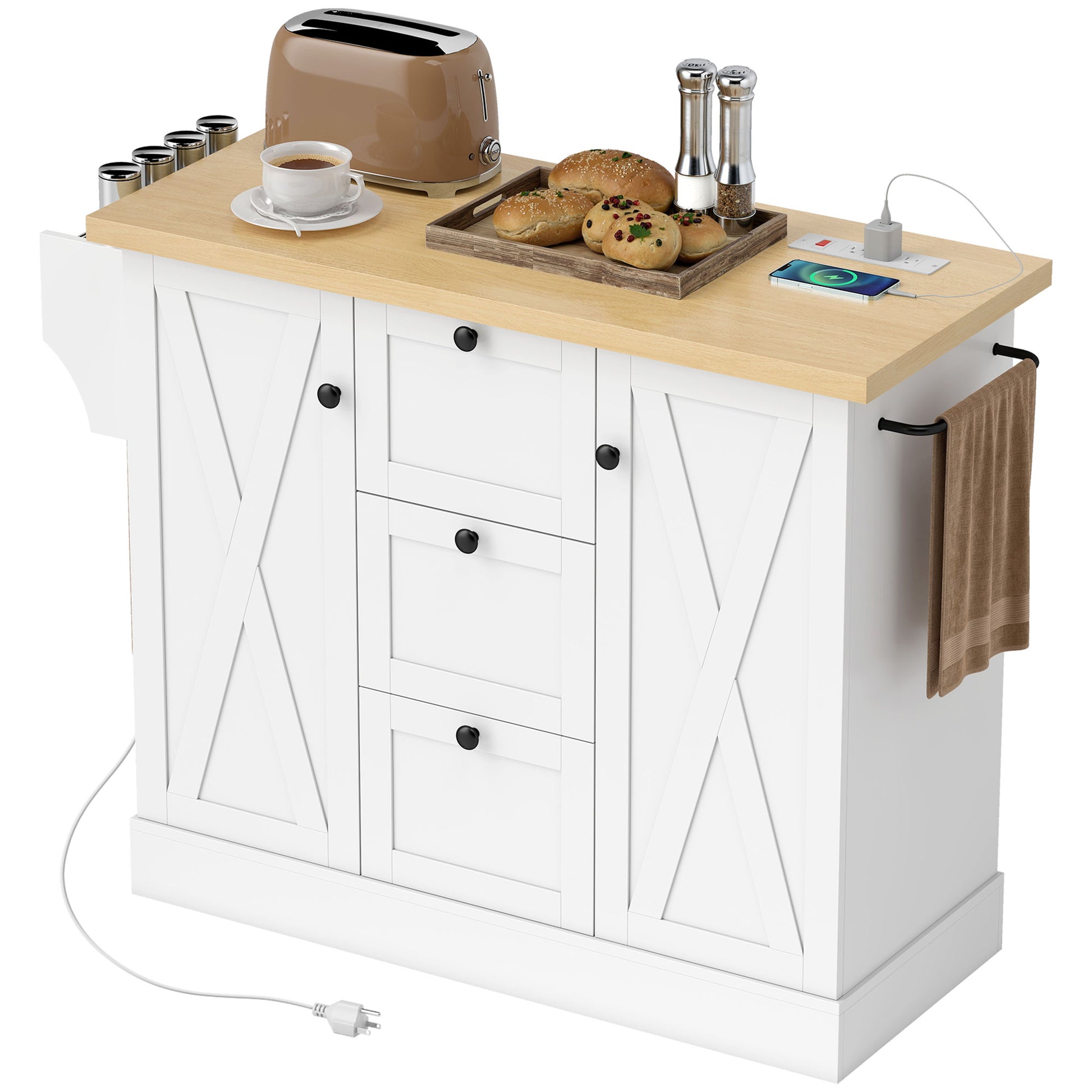 49" Farmhouse Kitchen Island Cart with Power Outlet - White-DECOROLALA