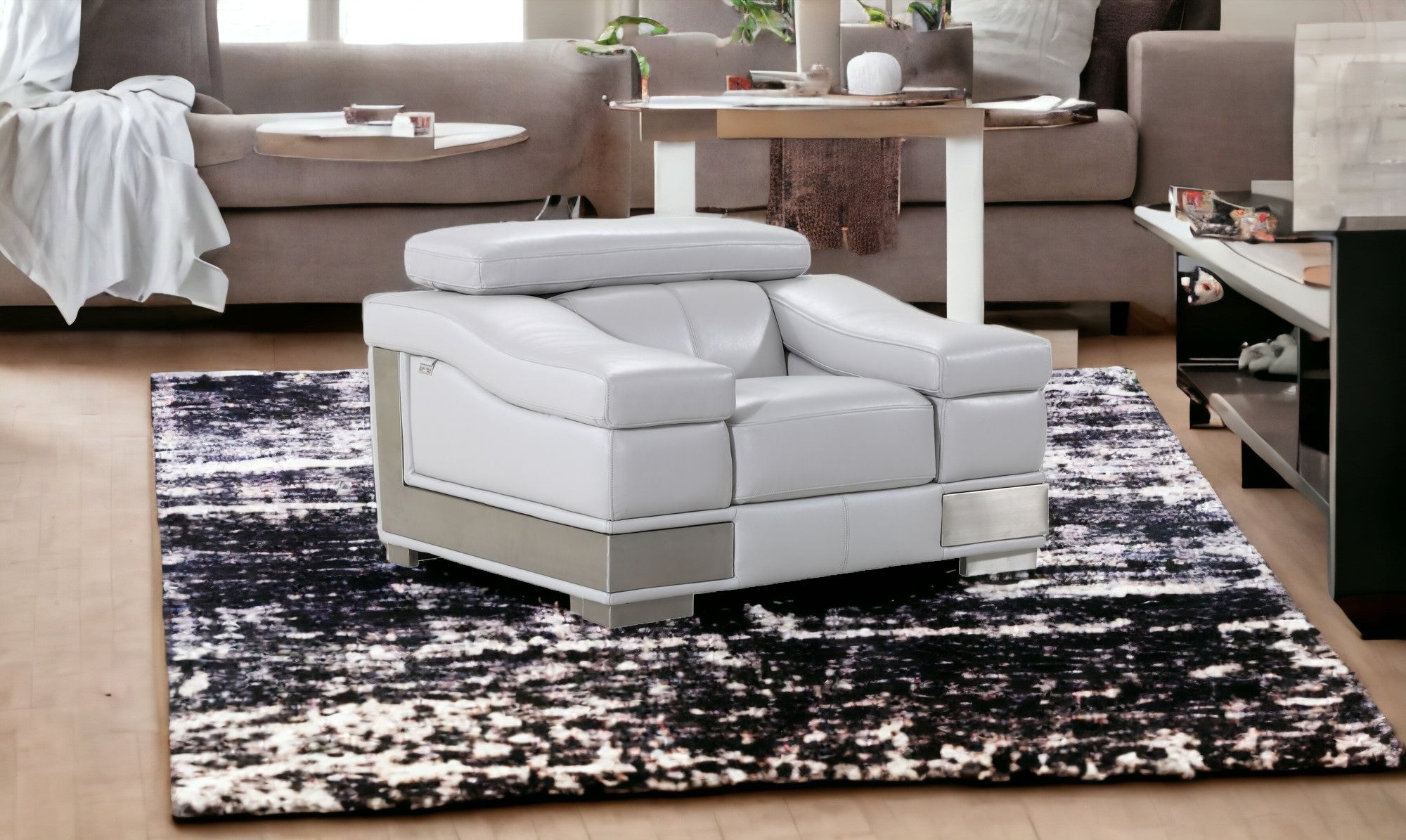 49" Gray Genuine Leather Arm Chair-Accent Chairs-DECOROLALA