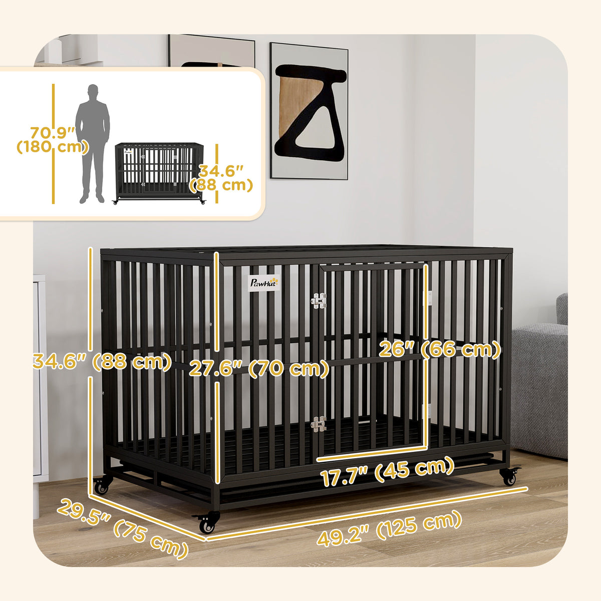 49" Heavy Duty Steel Dog Crate with Wheels - Black-Dogs-DECOROLALA
